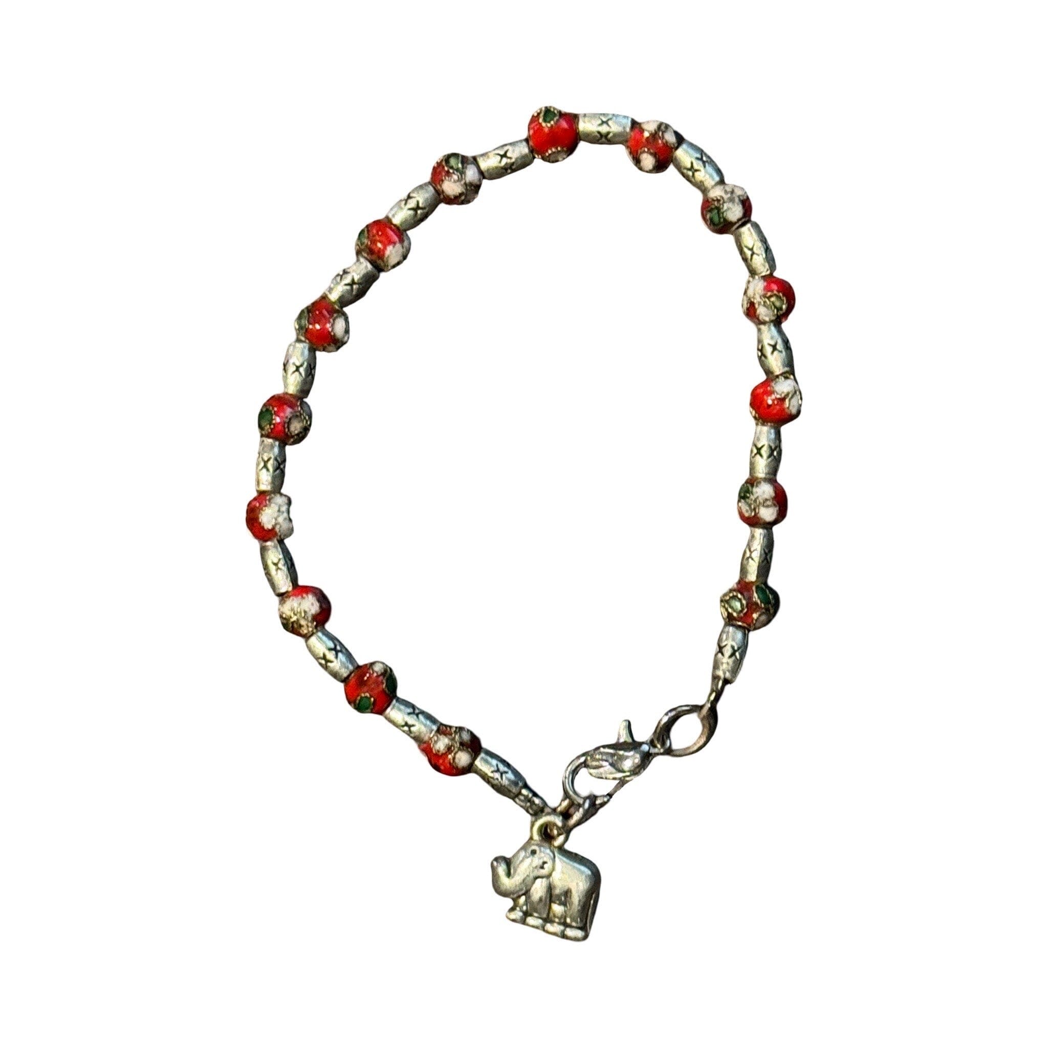 Sterling Silver and Hand Painted Beaded Bracelet with Elephant Charm Bracelet Baanpueng Handmade Shop Red A