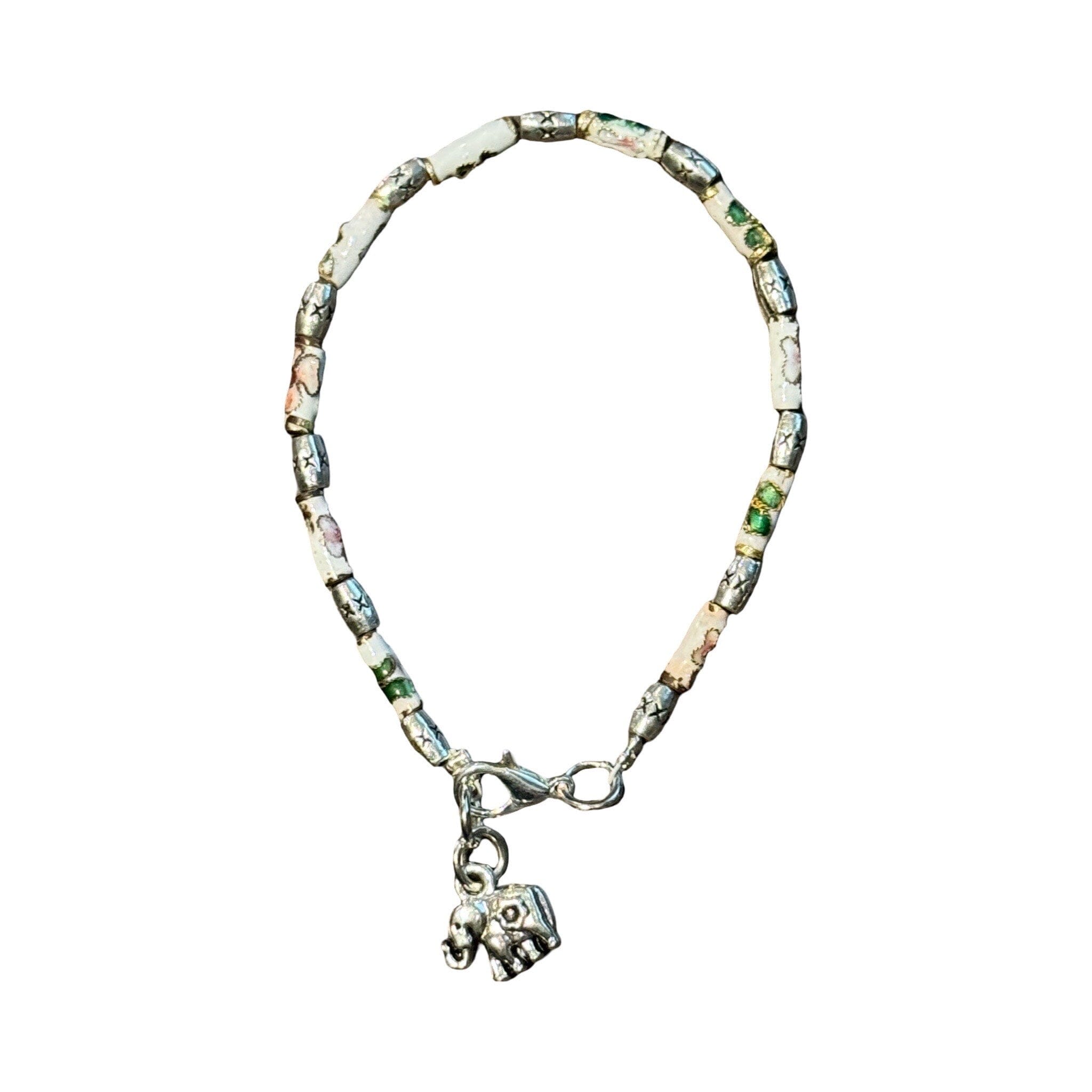 Sterling Silver and Hand Painted Beaded Bracelet with Elephant Charm Bracelet Baanpueng Handmade Shop White