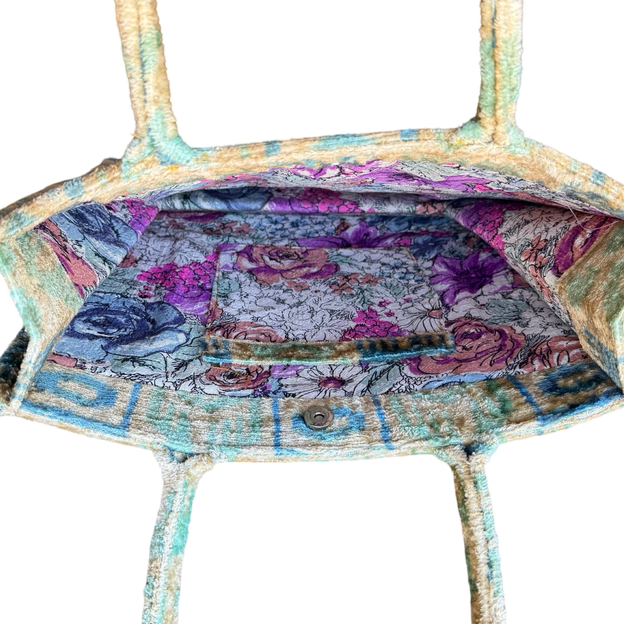 Teal and Cream Silk Velvet Ikat Tote (#1023 | 14 x 4 x 13") Tote Fergana Aziz