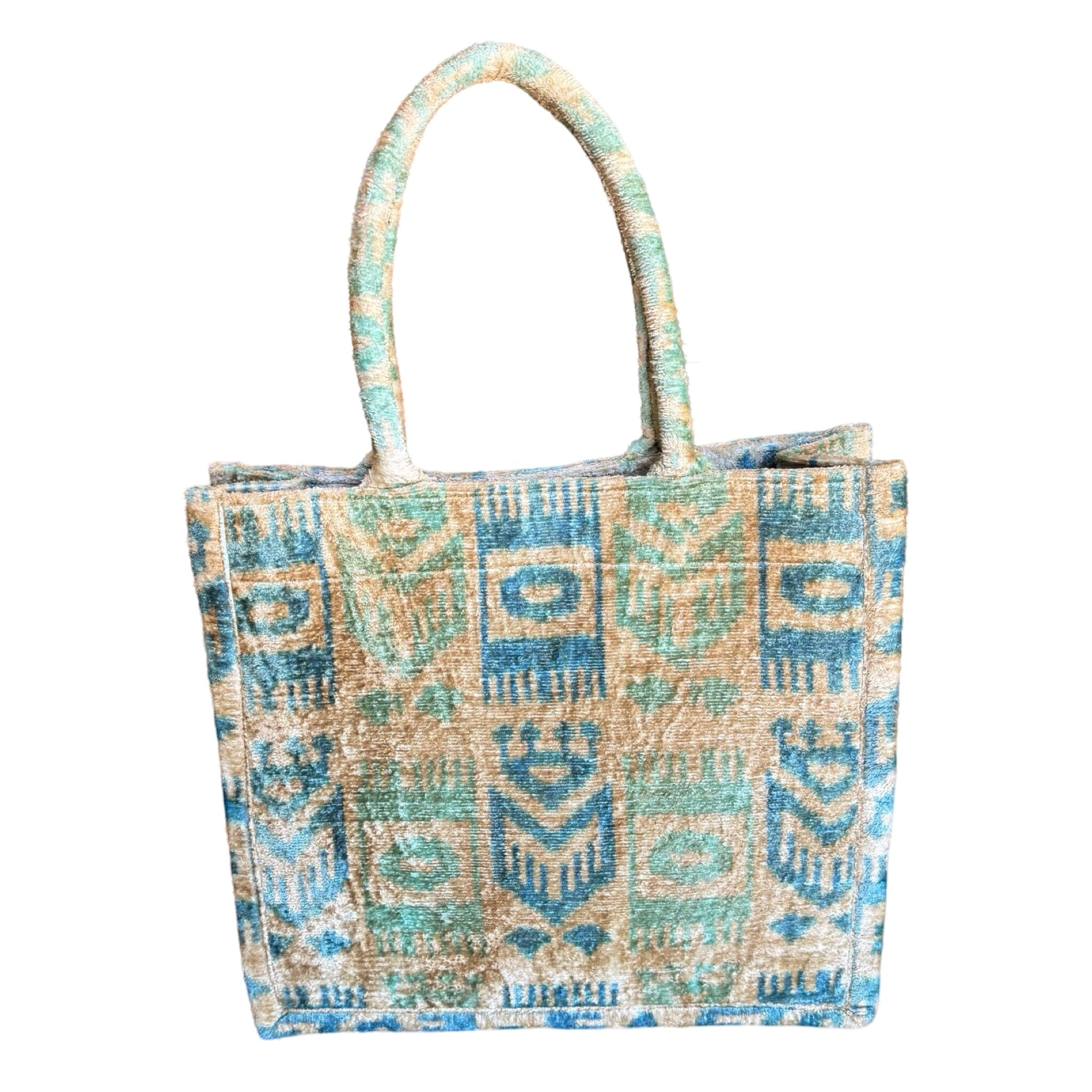 Teal and Cream Silk Velvet Ikat Tote (#1023 | 14 x 4 x 13") Tote Fergana Aziz