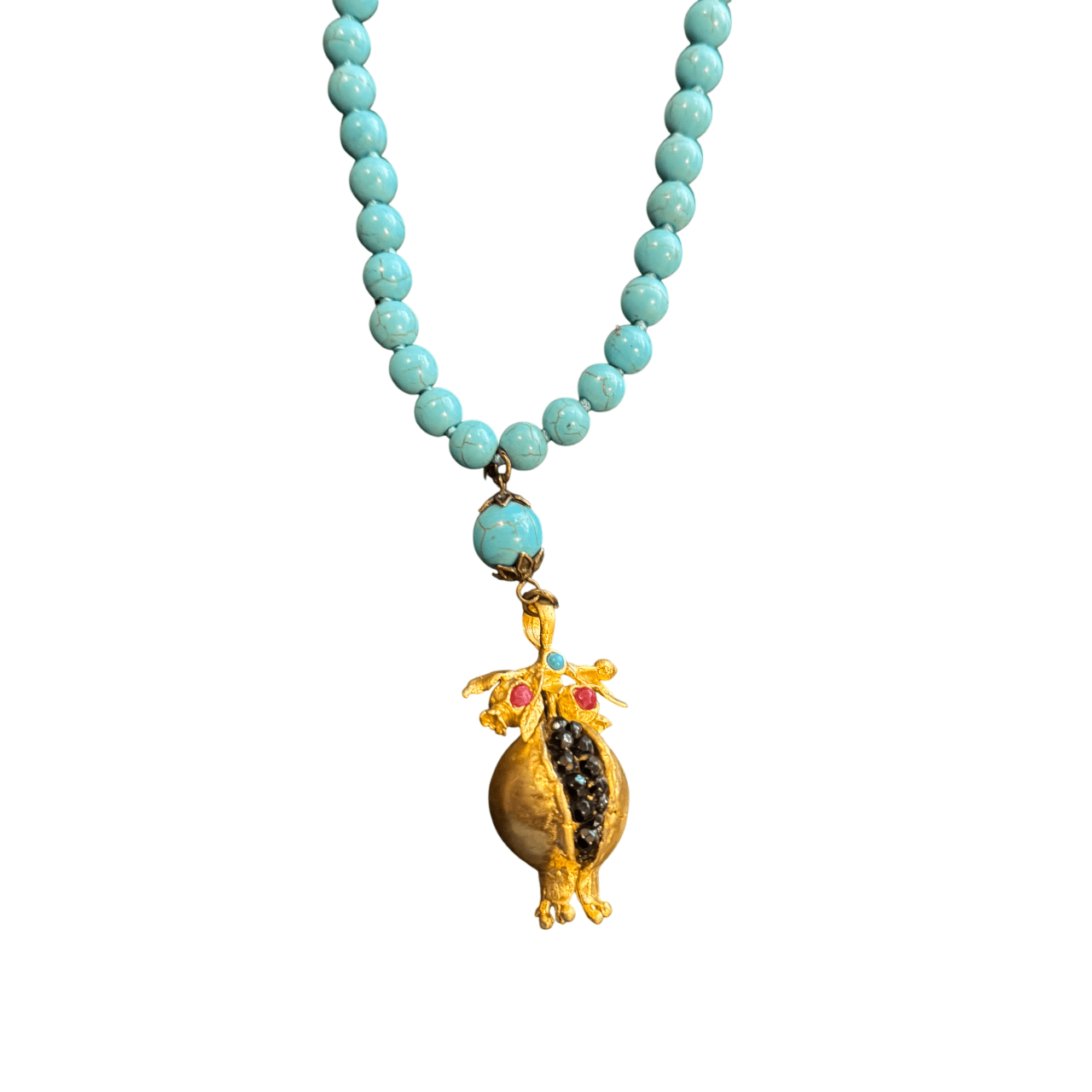 Turquoise Beaded Necklace with Black Seed Pomegranate Pendant Necklace Eyup Gunduz