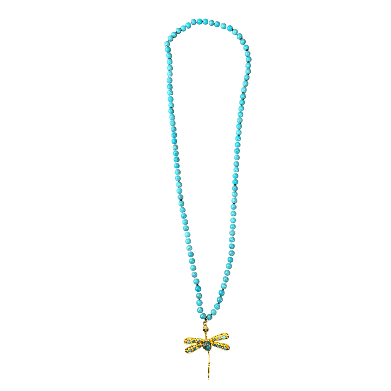 Turquoise Beaded Necklace with Gold and Turquoise Dragonfly Pendant Necklace Eyup Gunduz