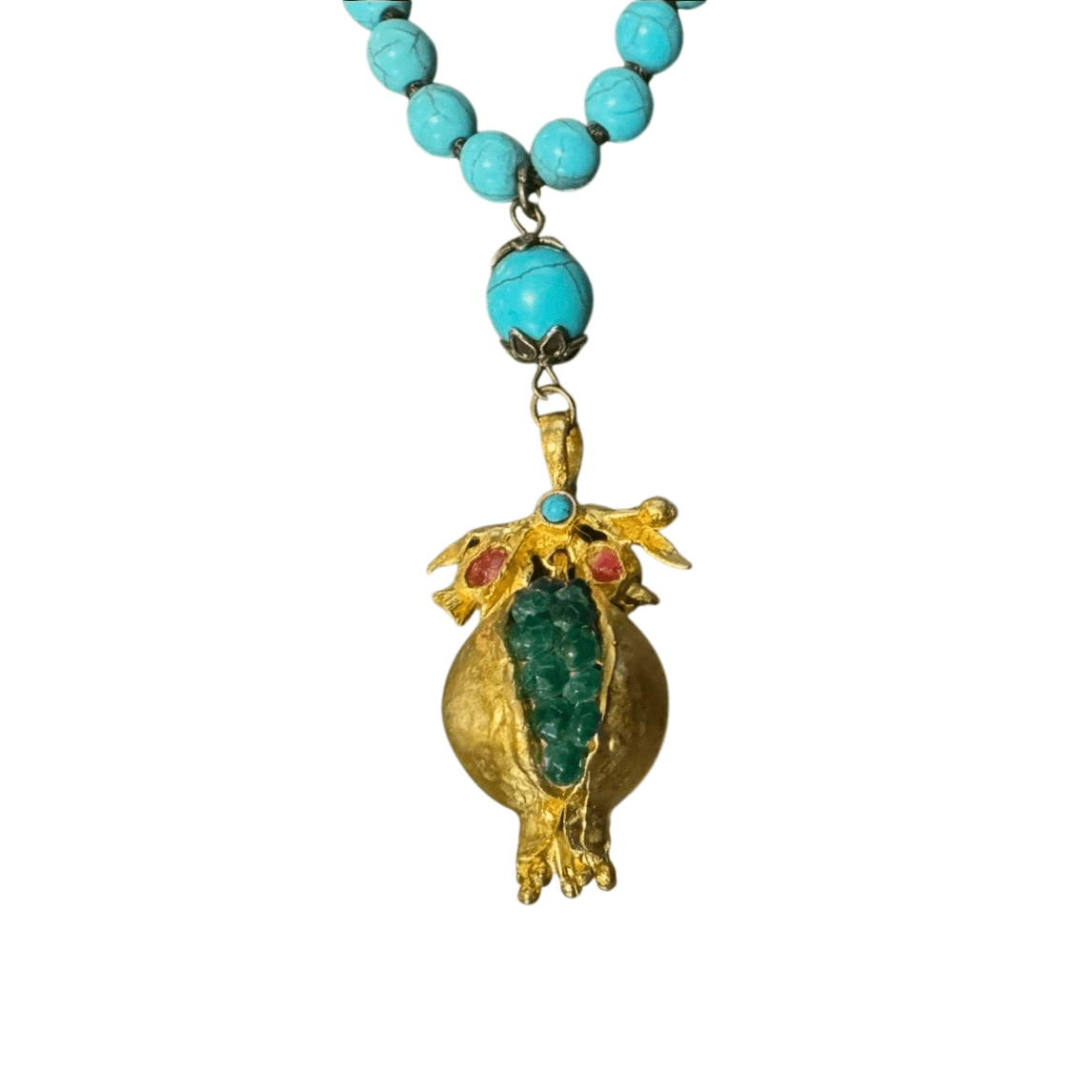 Turquoise Beaded Necklace with Green Seed Pomegranate Pendant Necklace Eyup Gunduz