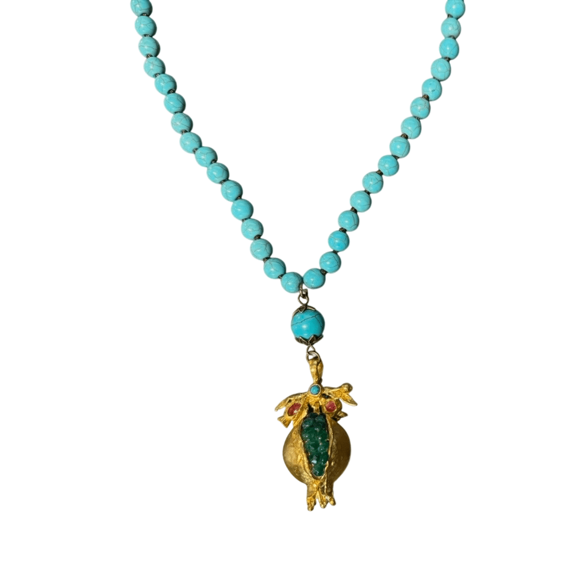 Turquoise Beaded Necklace with Green Seed Pomegranate Pendant Necklace Eyup Gunduz