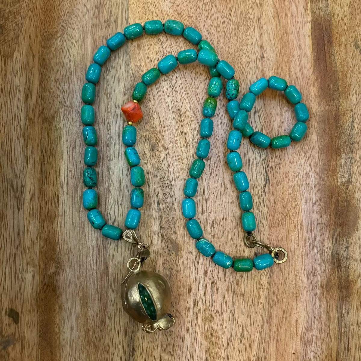 Turquoise Beaded Necklace with Pomegranate Pendant Necklace Eyup Gunduz