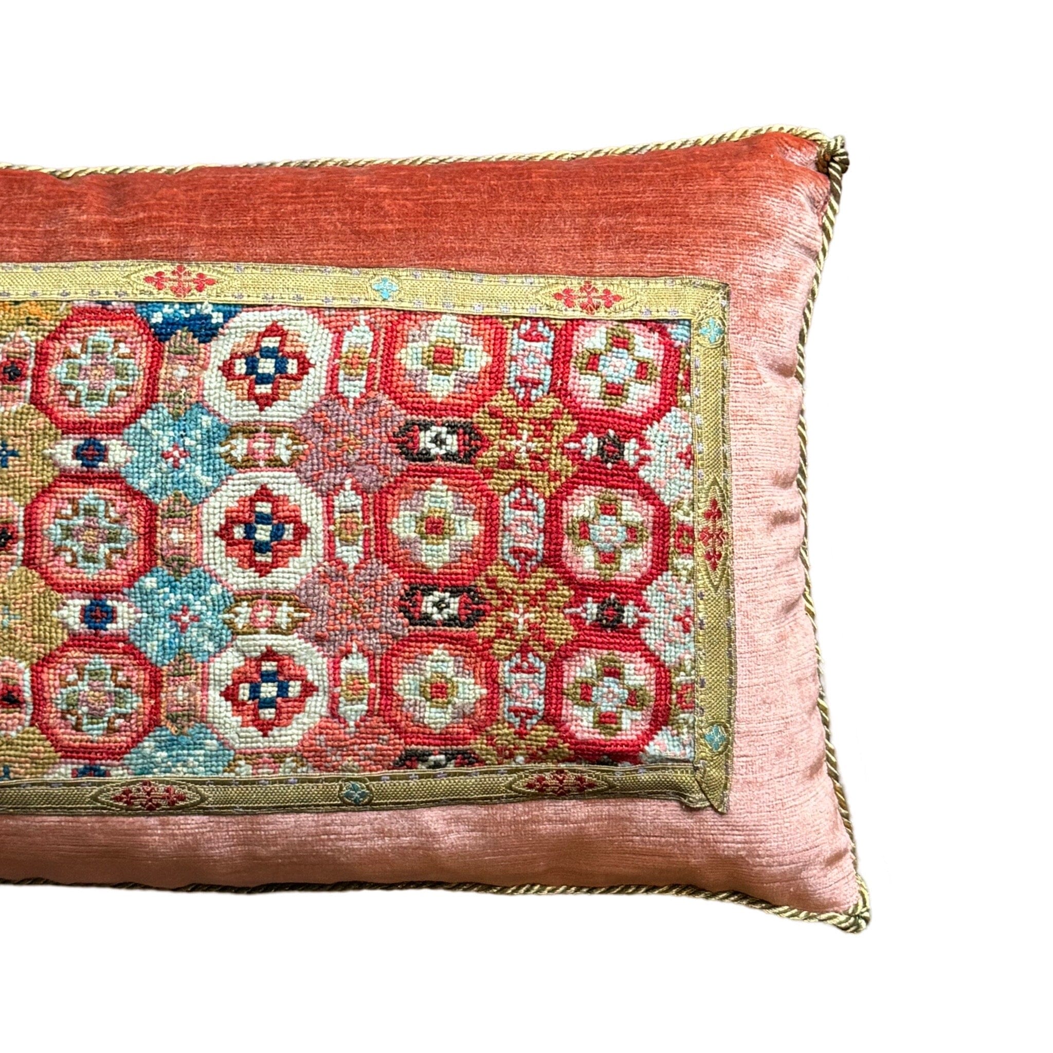 Vintage Colorful Petit Point on Coral Velvet (#M072124 | 10 1/2 x 16 1/2 ") Pillows B. Viz Design