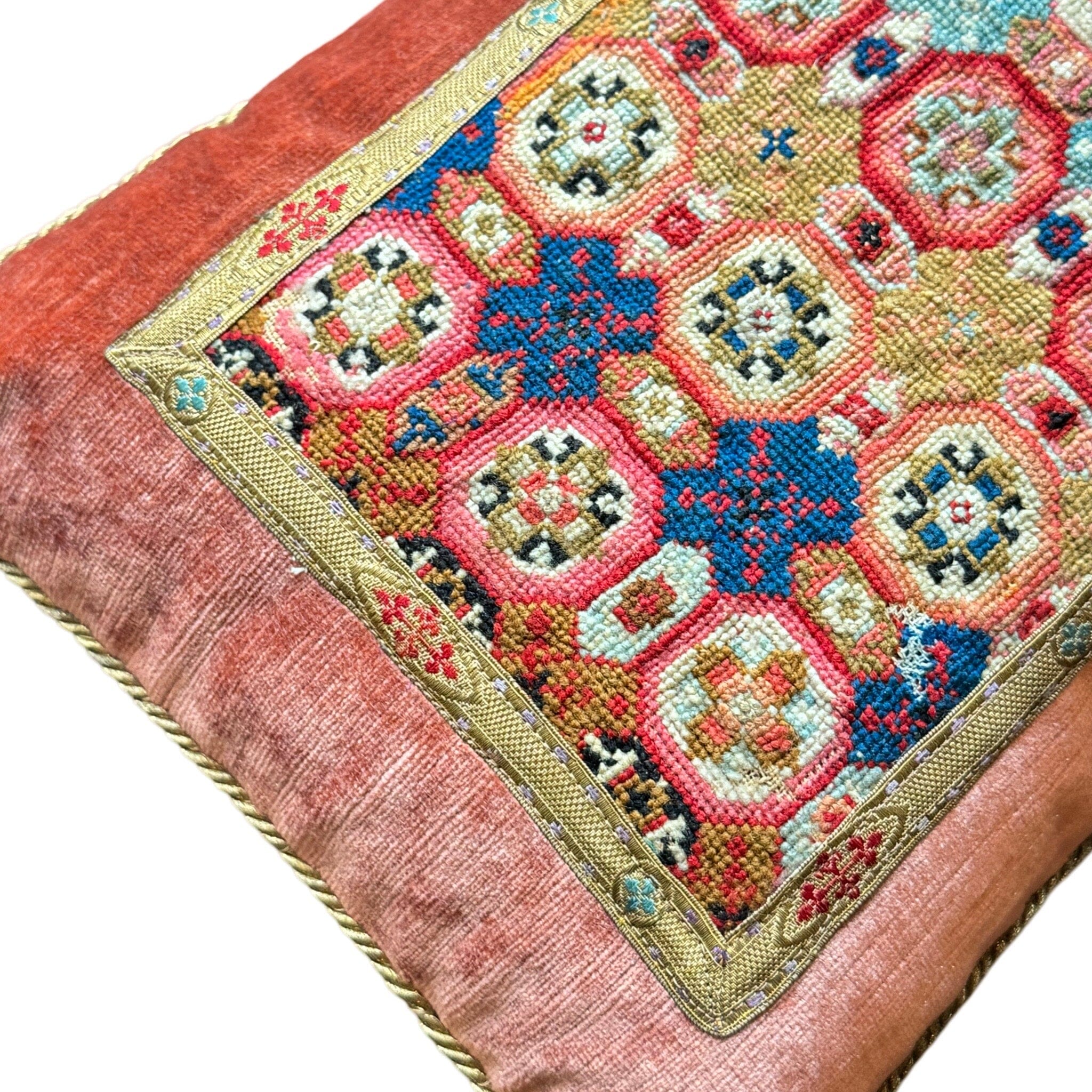 Vintage Colorful Petit Point on Coral Velvet (#M072124 | 10 1/2 x 16 1/2 ") Pillows B. Viz Design