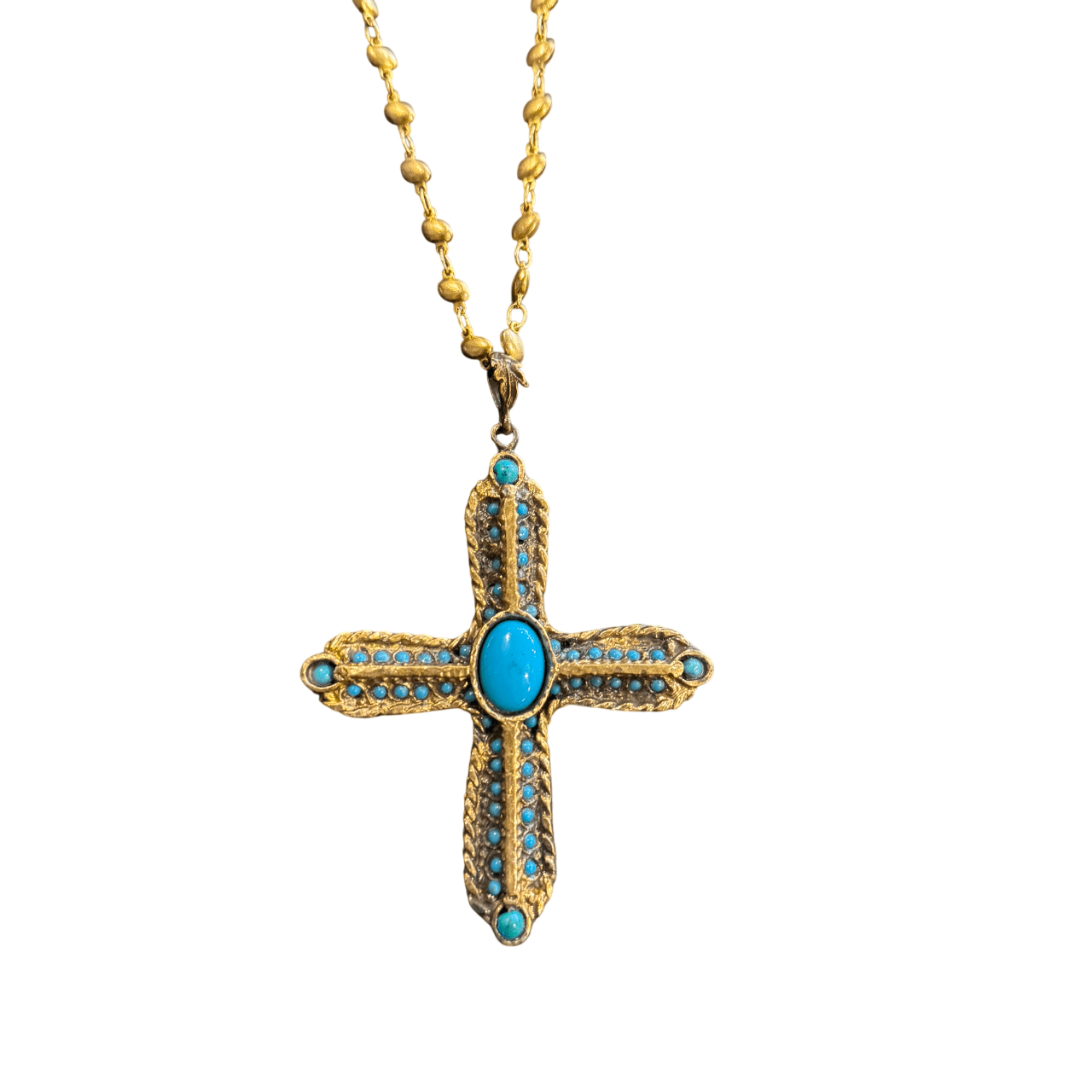Vintage-Inspired Gold and Turquoise Cross Pendant on Gold Chain Necklace Eyup Gunduz