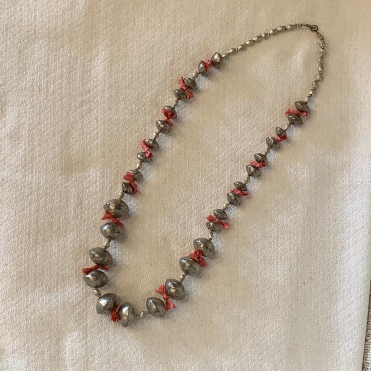 Vintage Silver Brass Beaded Necklace with Pink Cloth Spacers Necklace B. Viz Design