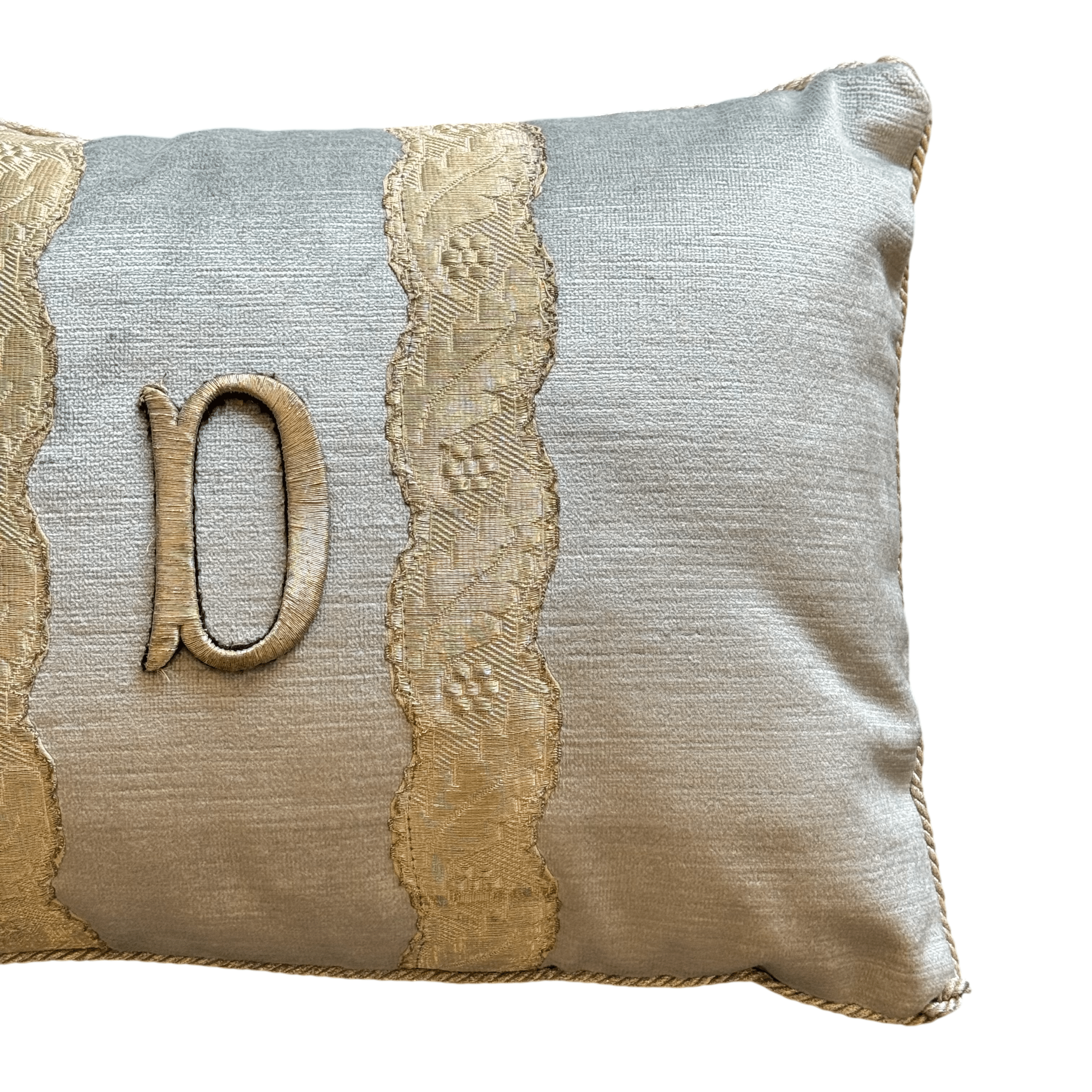 Vintage Silver Metallic Appliqué "D" Initial Pillow (#A071925 | 11 x 15") Custom Pillows B. Viz Design