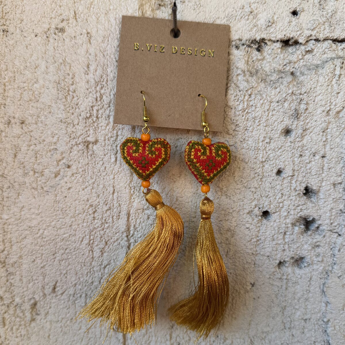 Woven Stuffed Heart Shaped Earrings with Tassel from Laos Earrings ClayCut Laos Earring A