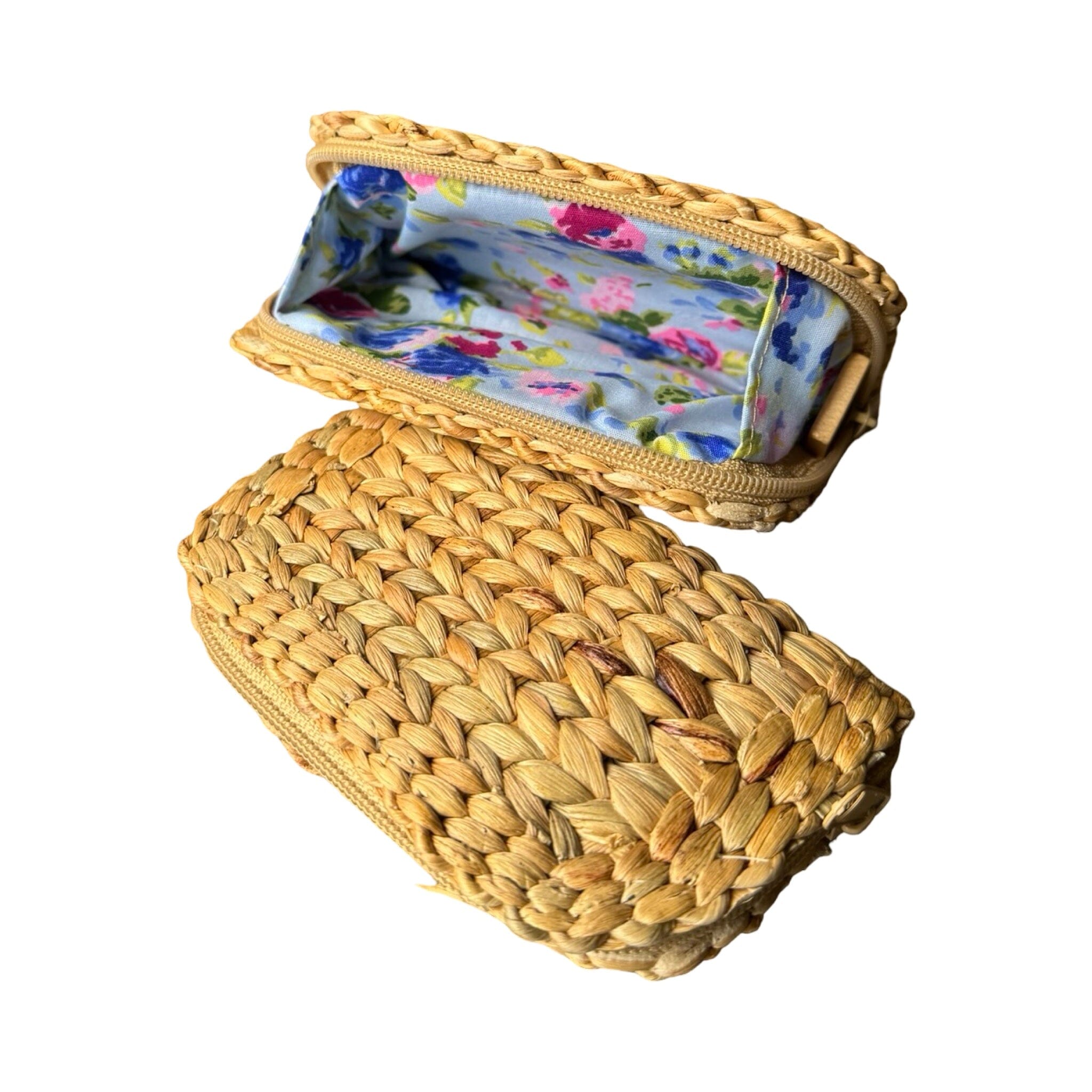 Woven Water Hyacinth Wallet with Decorative Cloth Lining from Thailand Wallet Baanpueng Handmade Shop Blue Fabric Lining