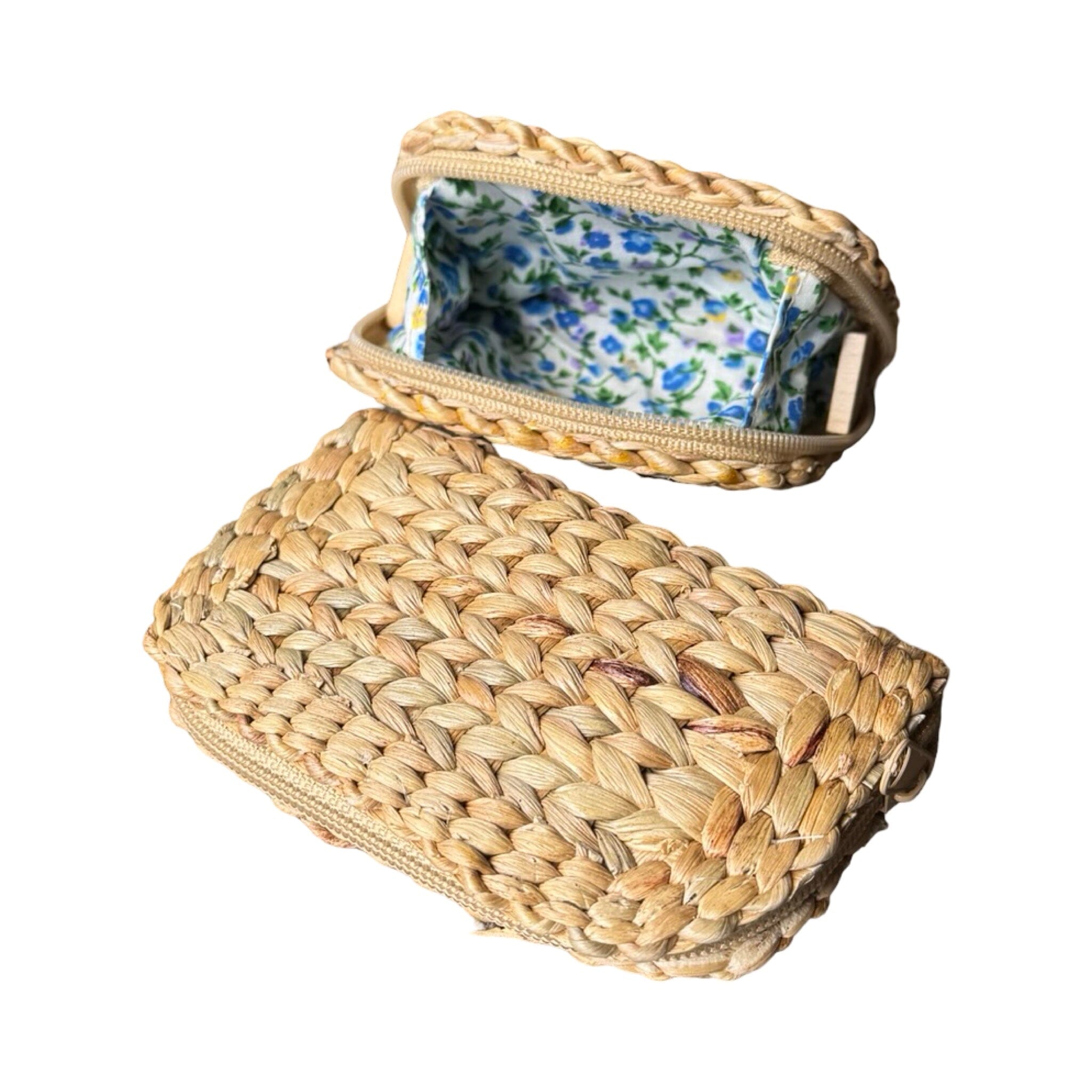 Woven Water Hyacinth Wallet with Decorative Cloth Lining from Thailand Wallet Baanpueng Handmade Shop Blue Flower Lining