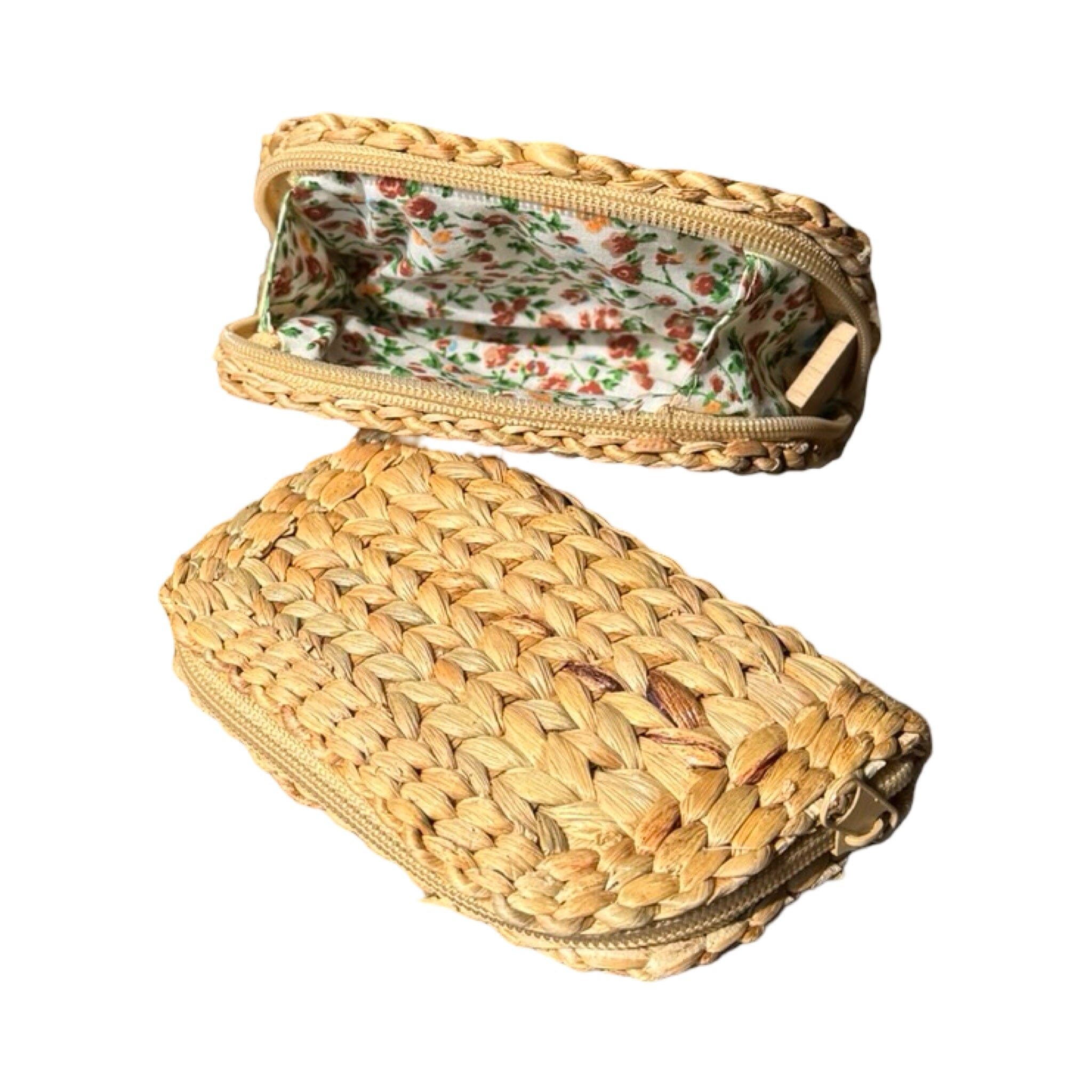 Woven Water Hyacinth Wallet with Decorative Cloth Lining from Thailand Wallet Baanpueng Handmade Shop Brown Flower Lining