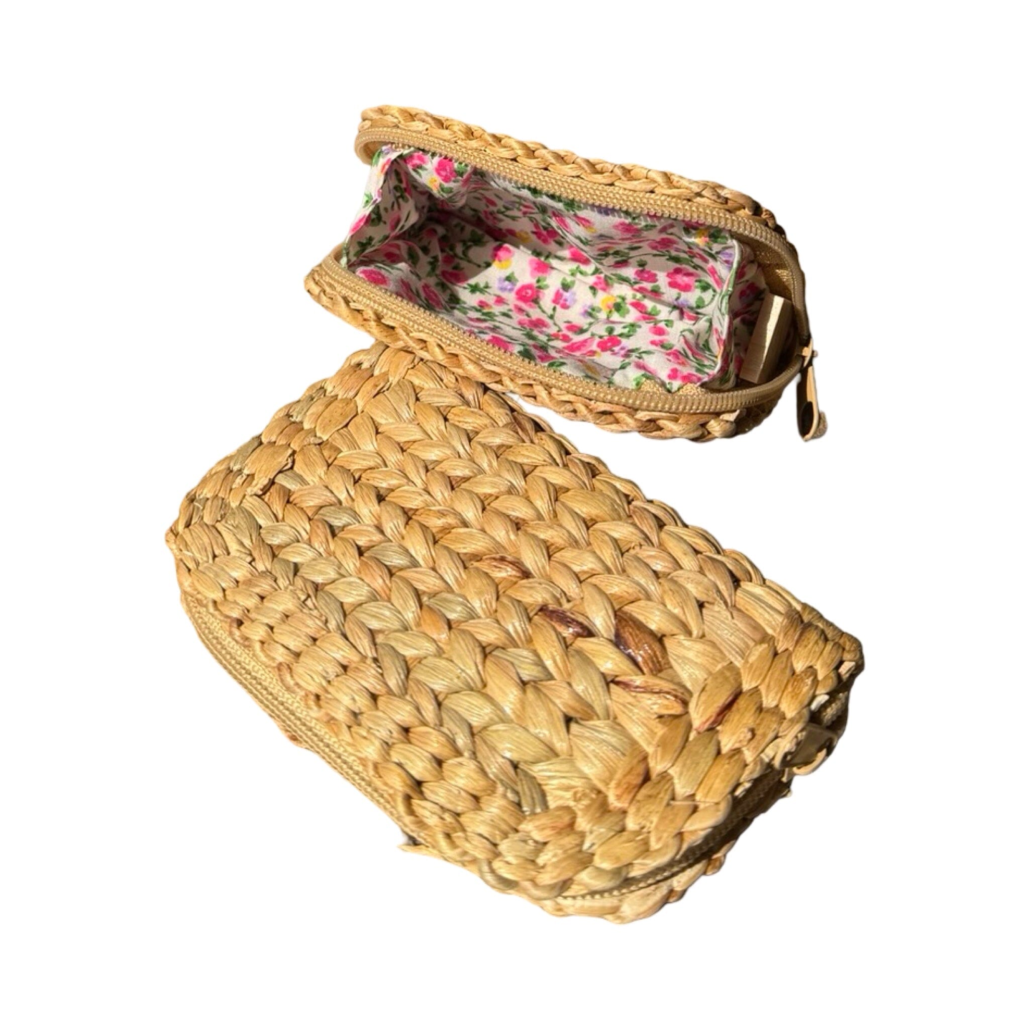 Woven Water Hyacinth Wallet with Decorative Cloth Lining from Thailand Wallet Baanpueng Handmade Shop Pink Flower Lining