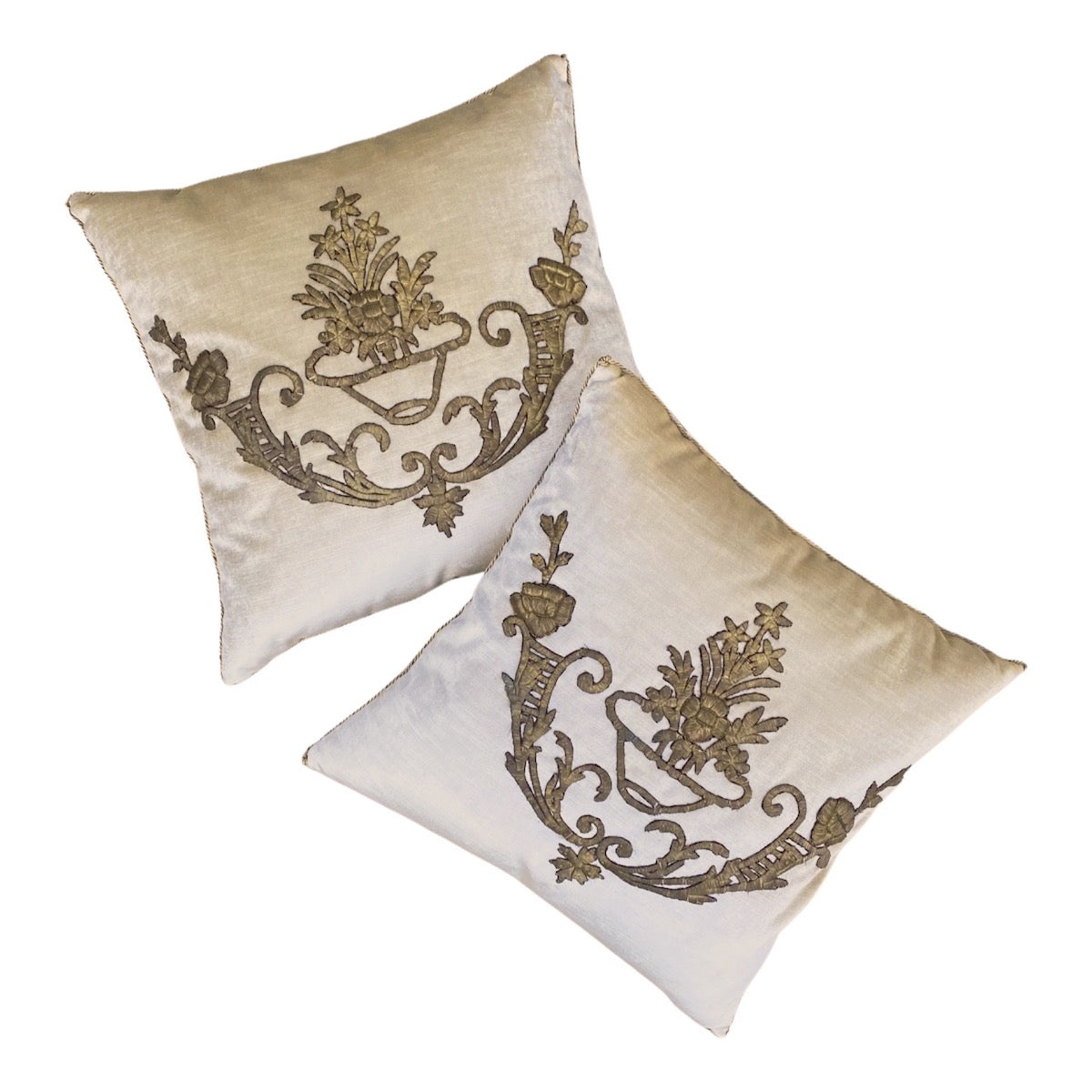 Antique Ottoman Empire Raised Gold Metallic Embroidery (#E053022A&B | 21 x 21") Pillow Pair B. Viz Design