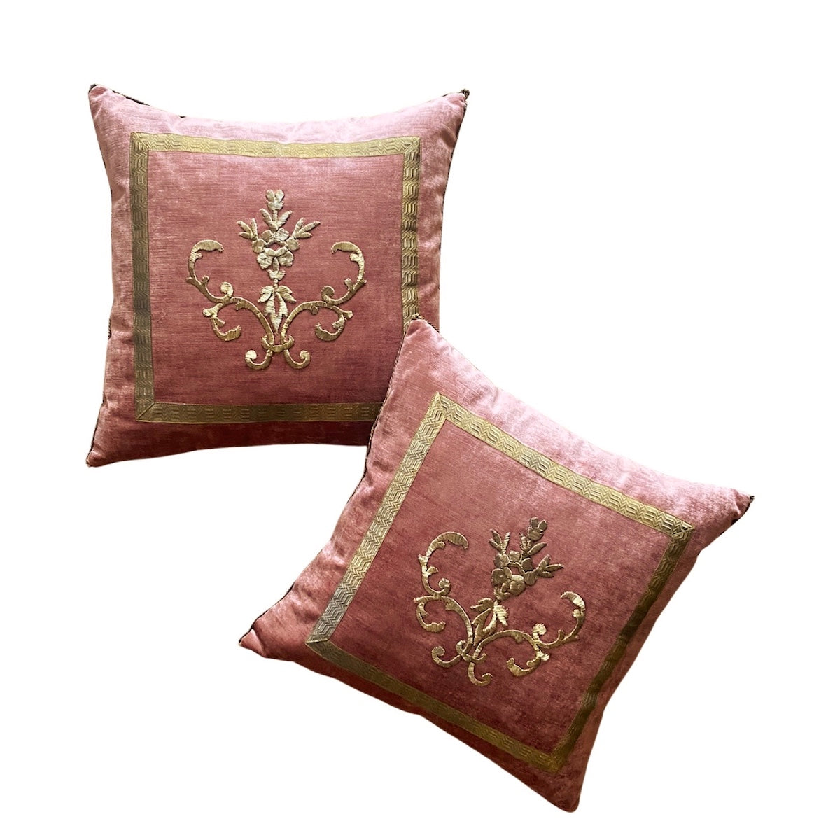 Antique Ottoman Empire Raised Gold Metallic Embroidery (#E061922A&B | 20 x 20″) Pillow Pair B. Viz Design