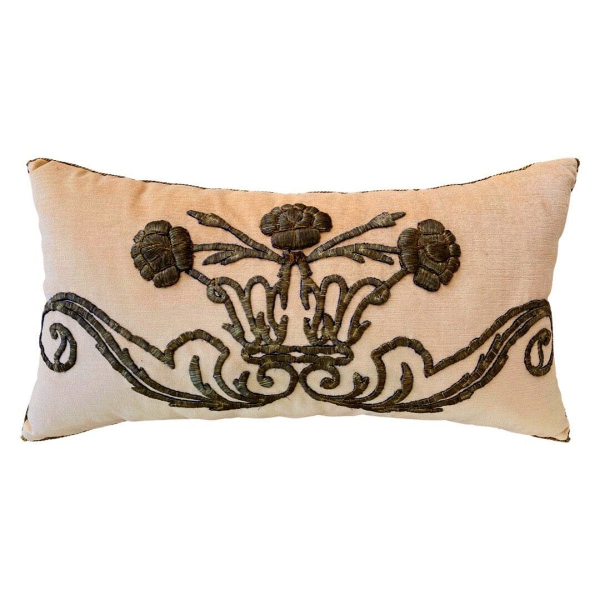Antique Ottoman Empire Raised Silvery Gold Metallic Embroidery (#E031223 15 x 27 1/2 New Pillows B. Viz Design