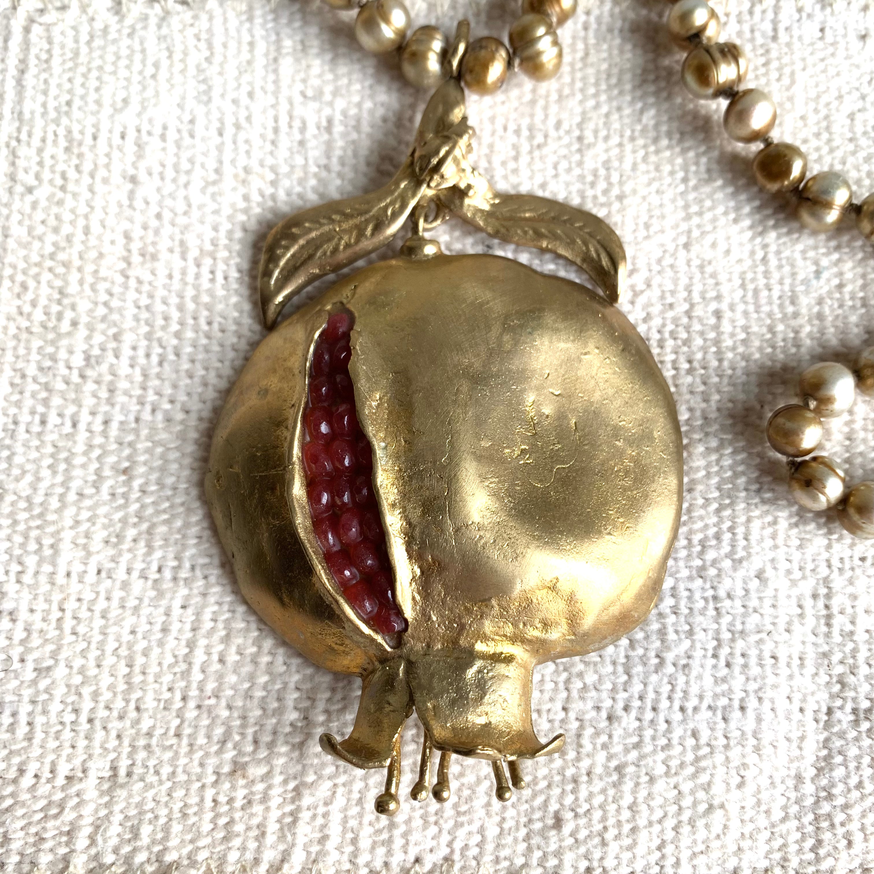 Antiqued Pearl Necklace with Pomegranate Pendant Necklace Tribal Tent