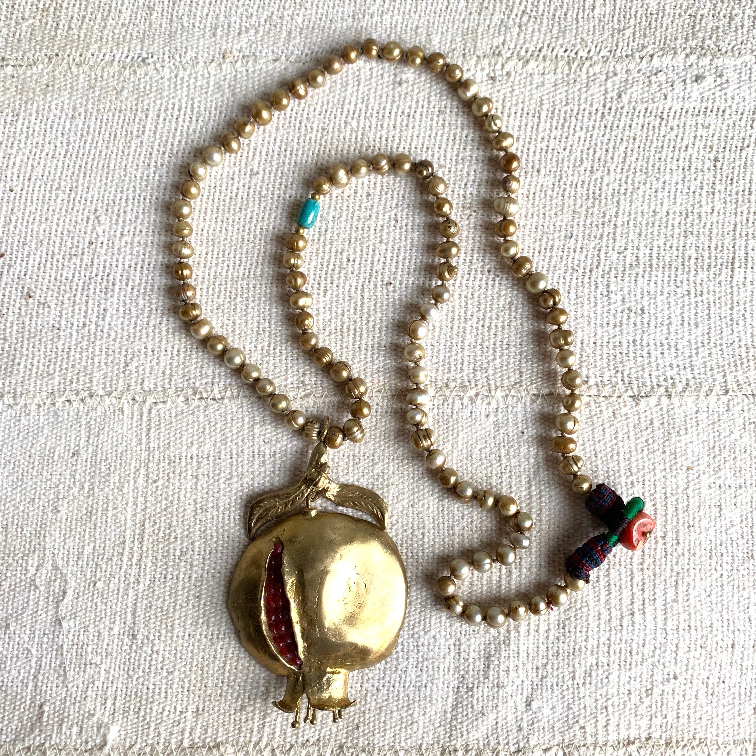Antiqued Pearl Necklace with Pomegranate Pendant Necklace Tribal Tent