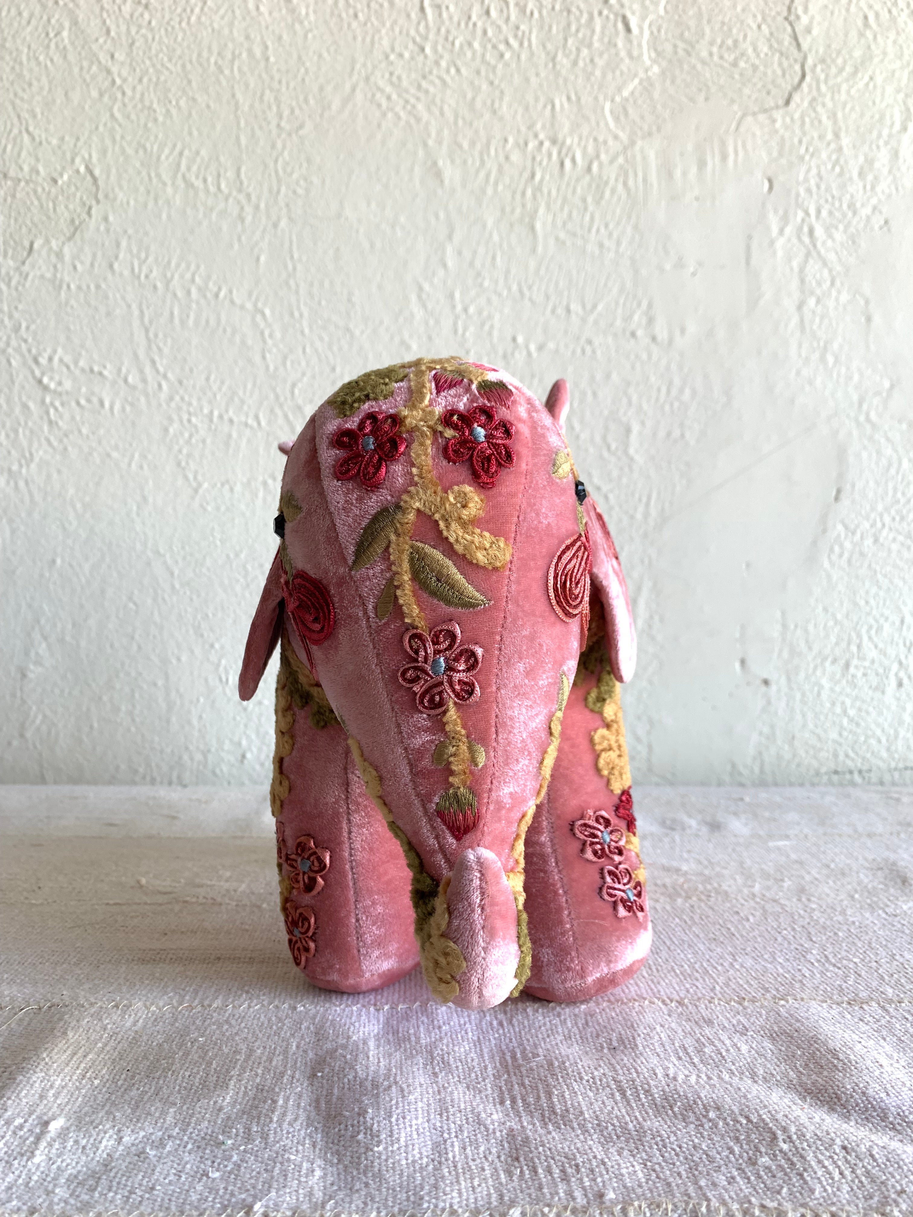 Hand Embroidered Silk Velvet Elephant (Sorbet Pink) Objet d'Art Anke Drechsel