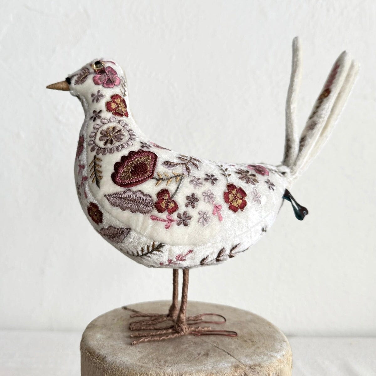 Hand Embroidered Silk Velvet Standing Dove Objet d'Art Anke Drechsel Ivory 
