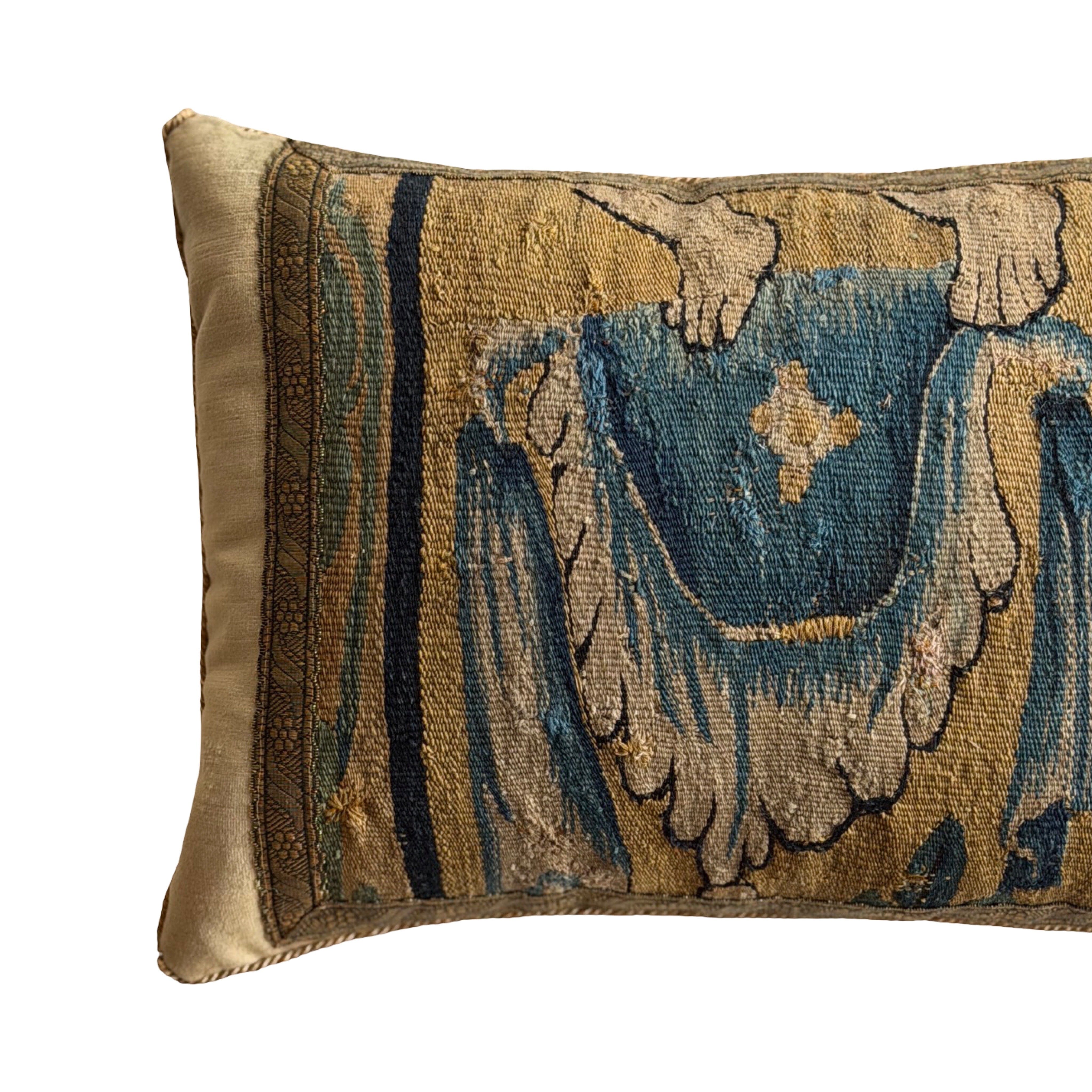 17th Century Tapestry Fragment on Antique Brass Velvet (#T031026 | 14 x 19") New Pillows B. Viz Design 