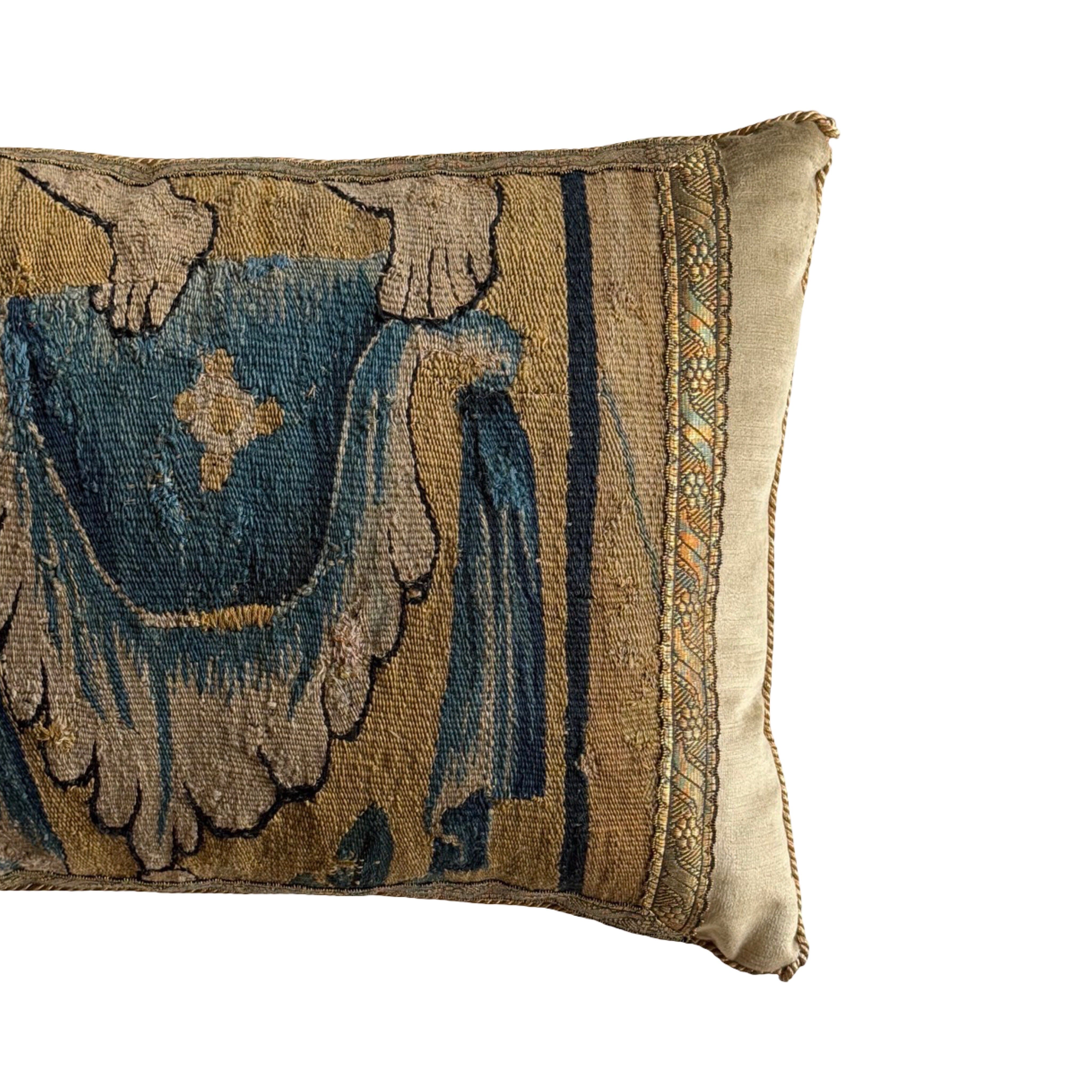 17th Century Tapestry Fragment on Antique Brass Velvet (#T031026 | 14 x 19") New Pillows B. Viz Design 