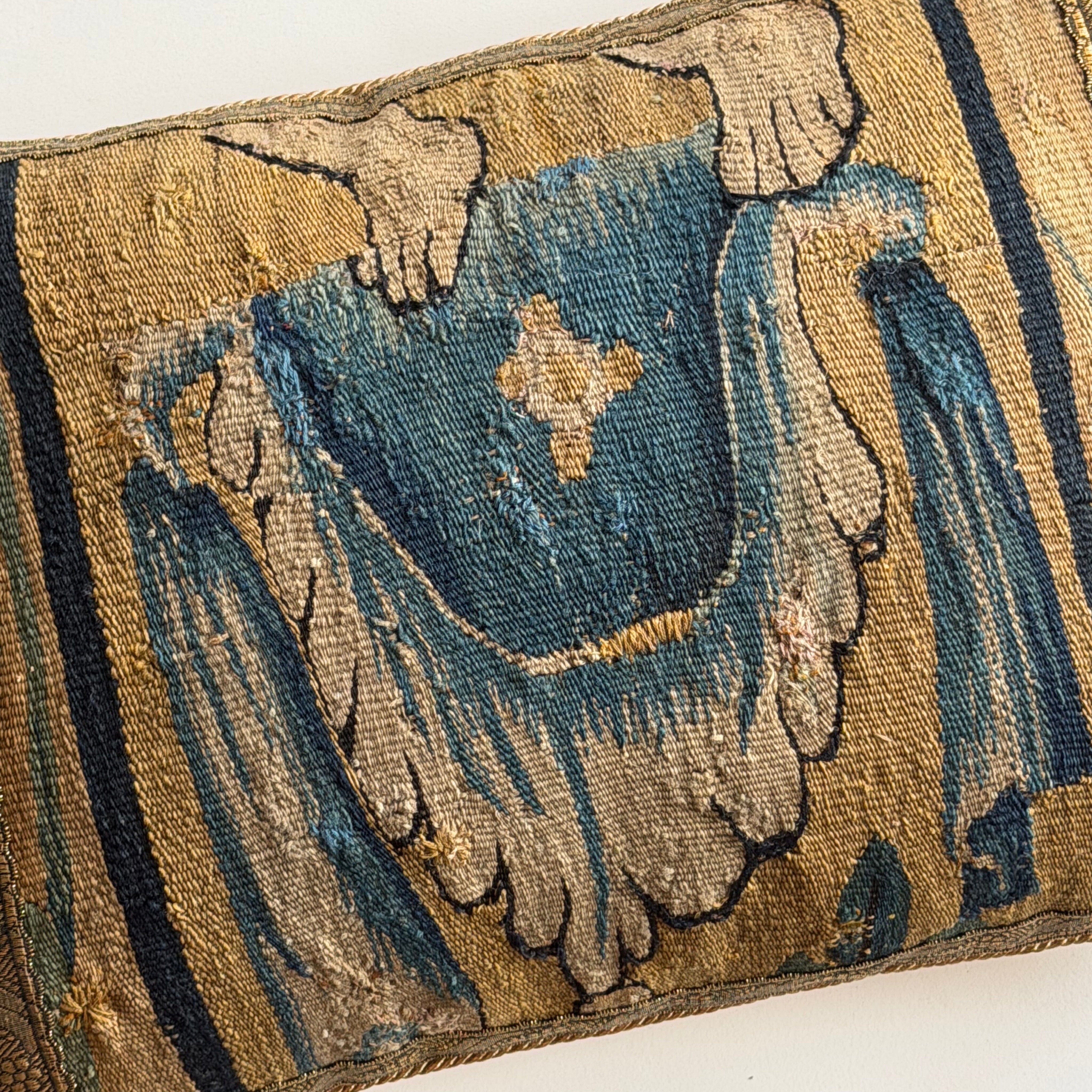 17th Century Tapestry Fragment on Antique Brass Velvet (#T031026 | 14 x 19") New Pillows B. Viz Design 