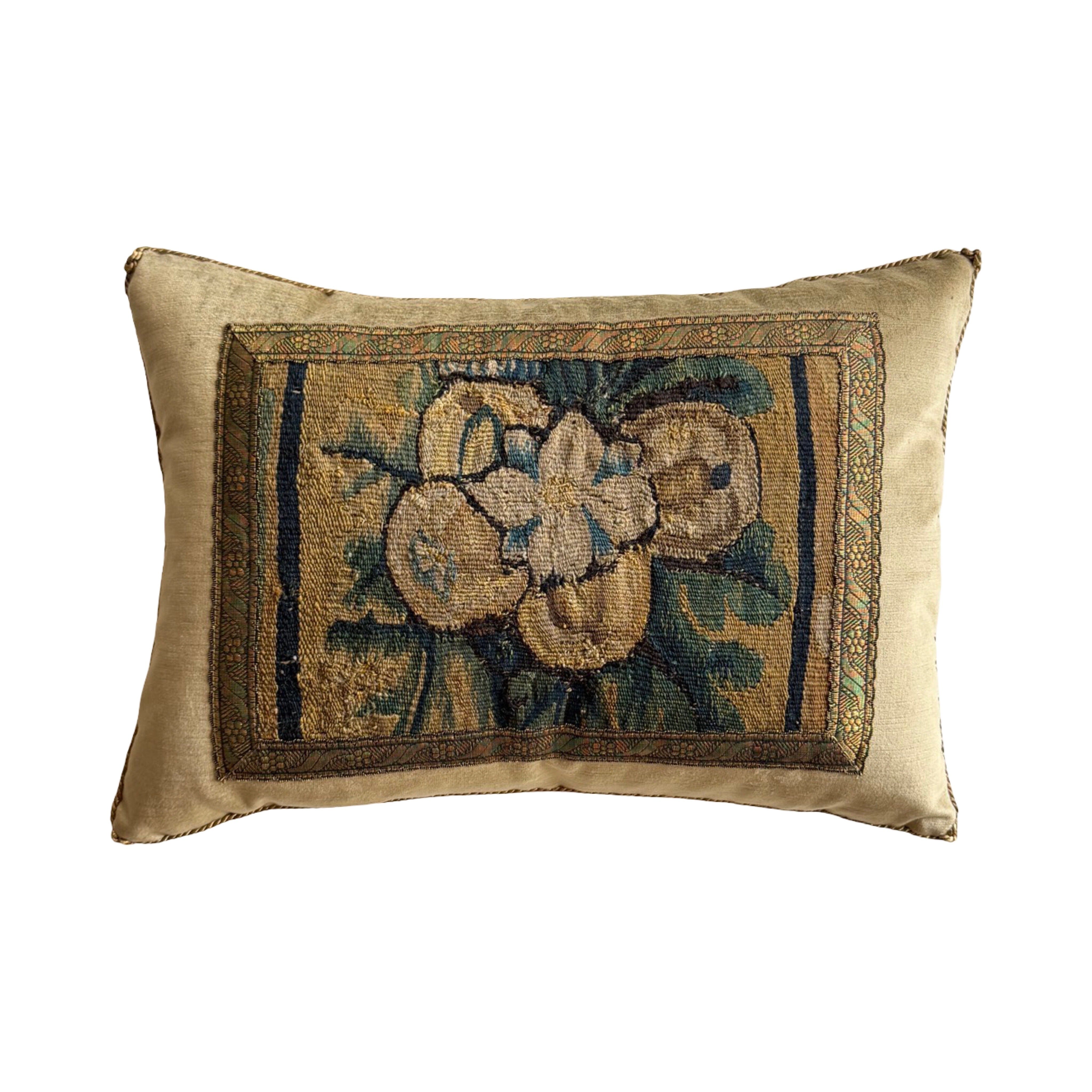 17th Century Tapestry Fragment on Antique Brass Velvet (#T031126 | 13 1/2 x 19") New Pillows B. Viz Design 