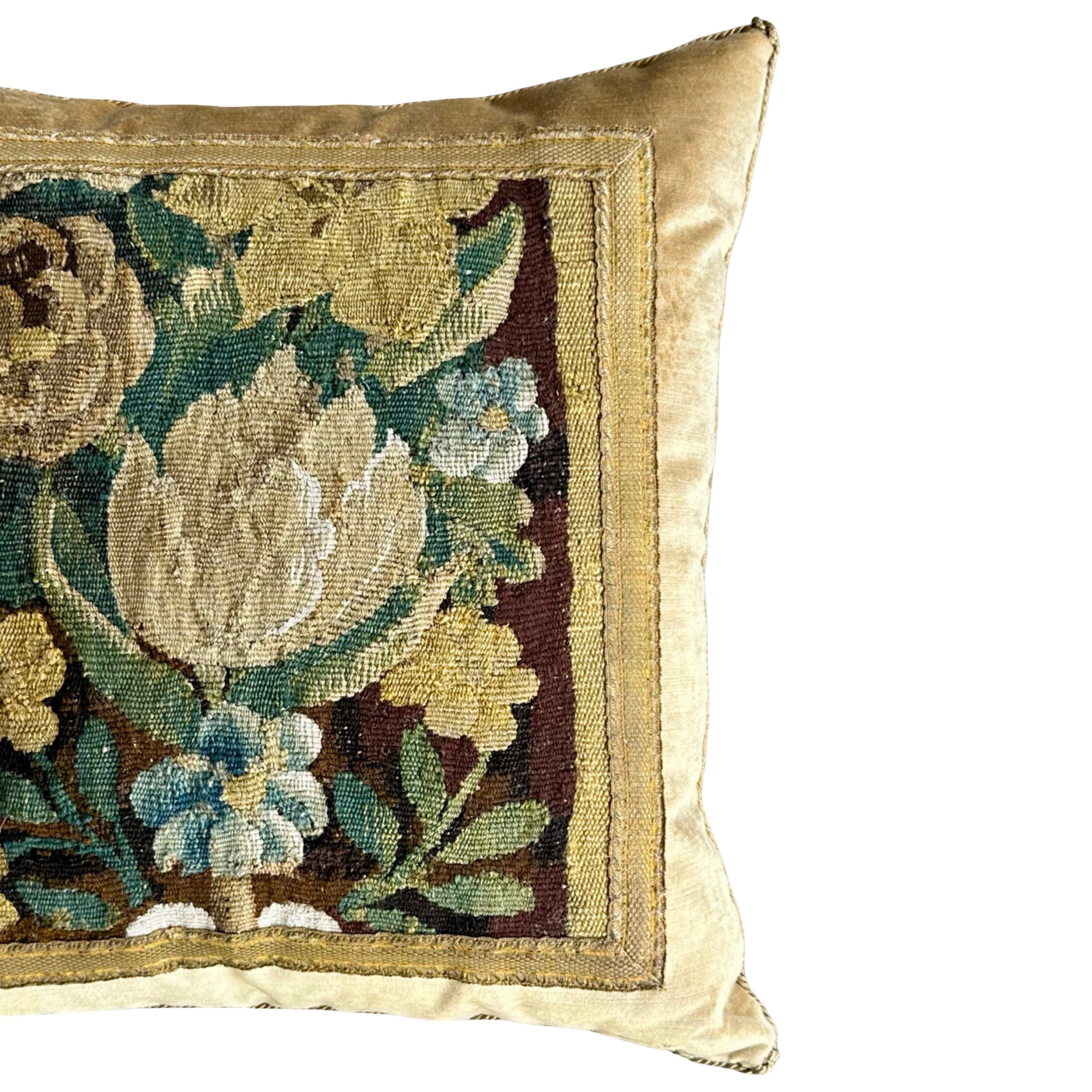 18th C. European Floral Tapestry Fragment on Tawny Velvet (#T051825A | 21" x 21") New Pillows B. Viz Design 