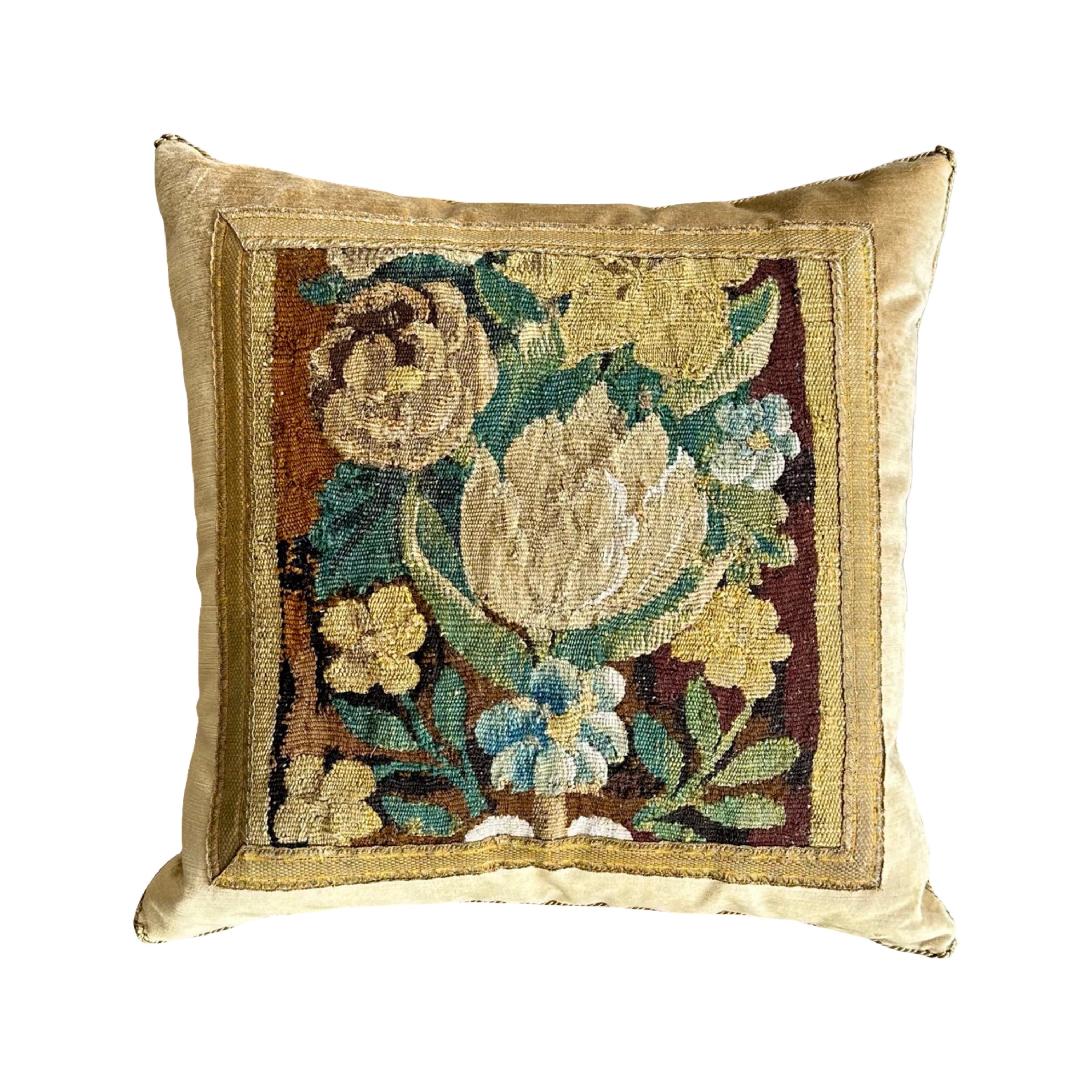 18th C. European Floral Tapestry Fragment on Tawny Velvet (#T051825A | 21" x 21") New Pillows B. Viz Design 