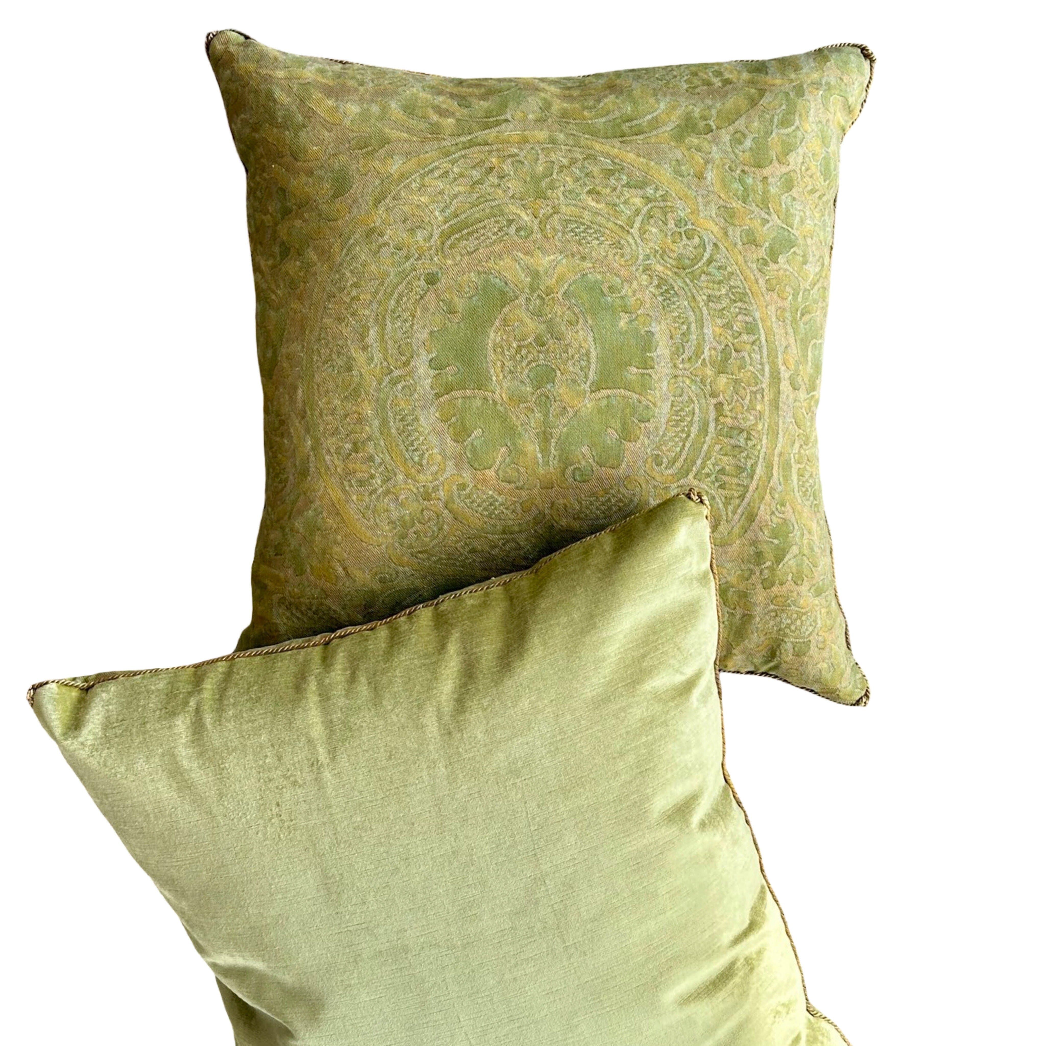 1950s Orsini Fortuny Backed with Pale Chartreuse Velvet (#F062625 | 21 1/2 x 22") New Pillows B. Viz Design 