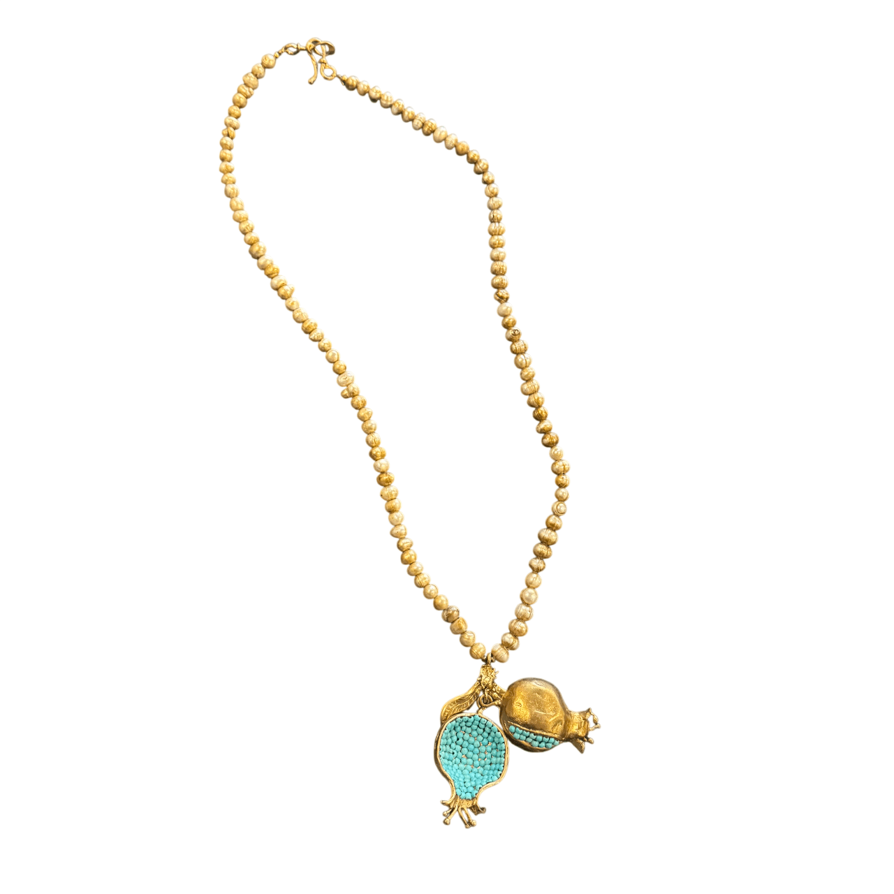 Aged Pearl Necklace with Turquoise Seed Split Pomegranate Pendant Necklace Eyup Gunduz 
