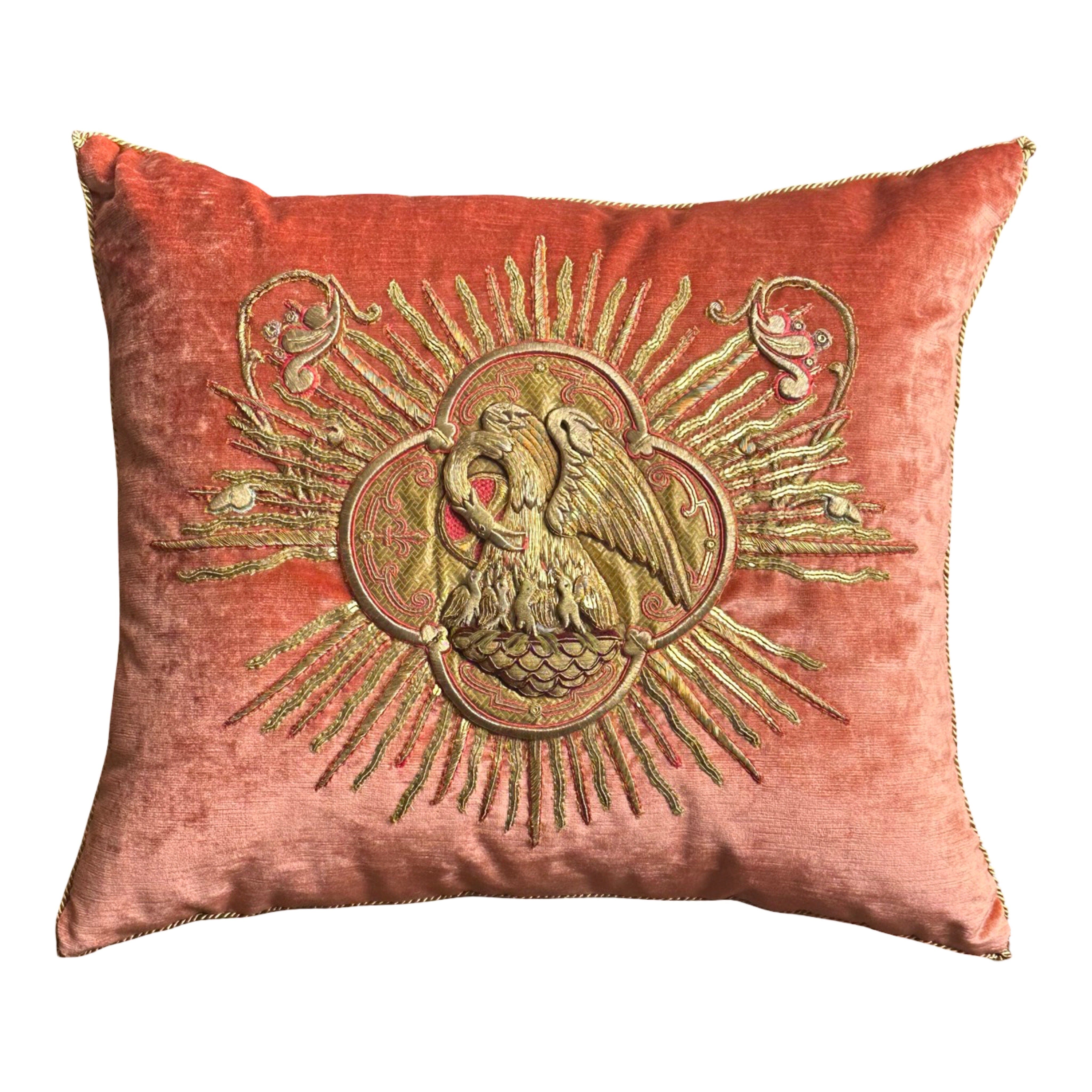Antique Ecclesiastic Pelican in Her Piety Embroidery (#E062725 | 19 x 22") New Pillows B. Viz Design 