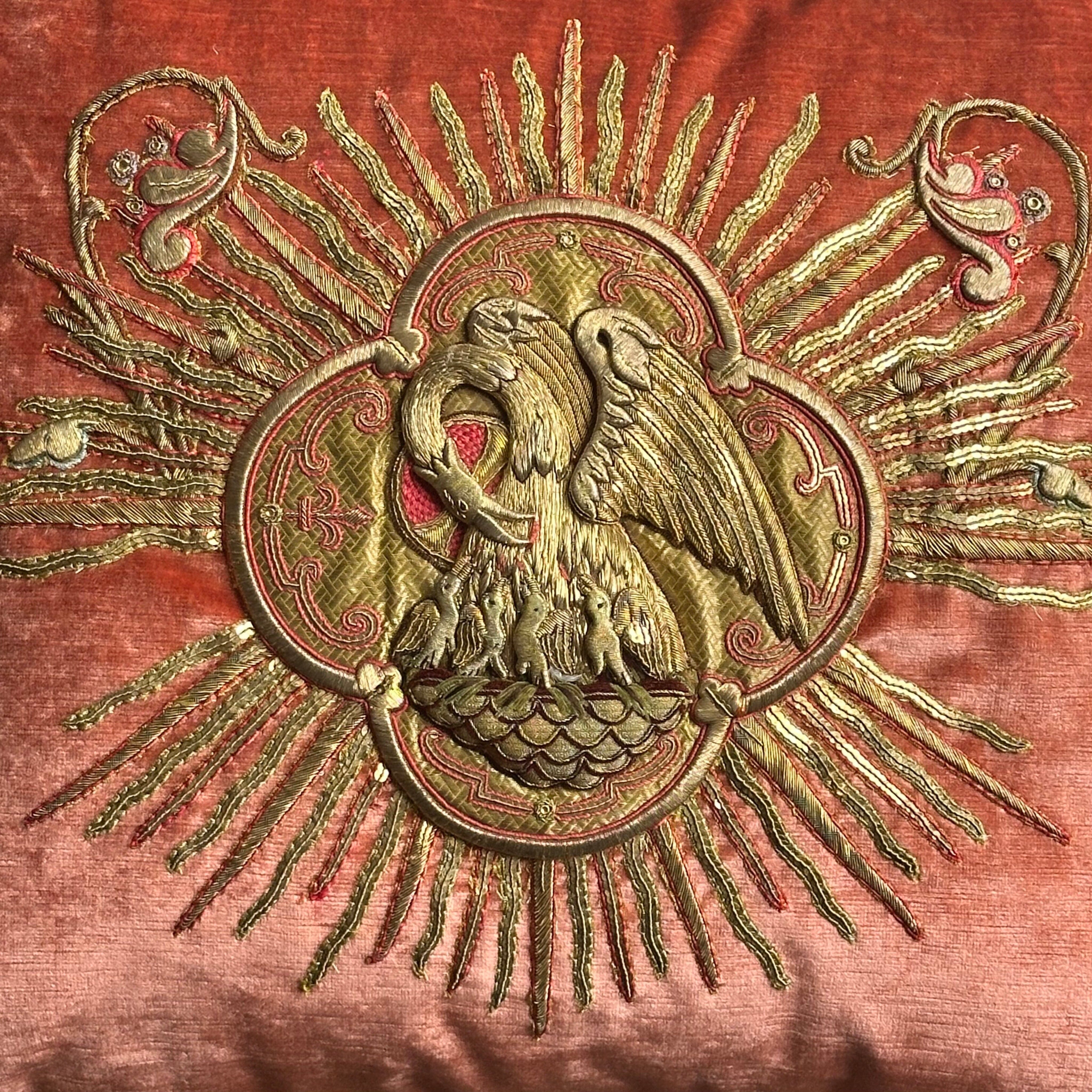 Antique Ecclesiastic Pelican in Her Piety Embroidery (#E062725 | 19 x 22") New Pillows B. Viz Design 