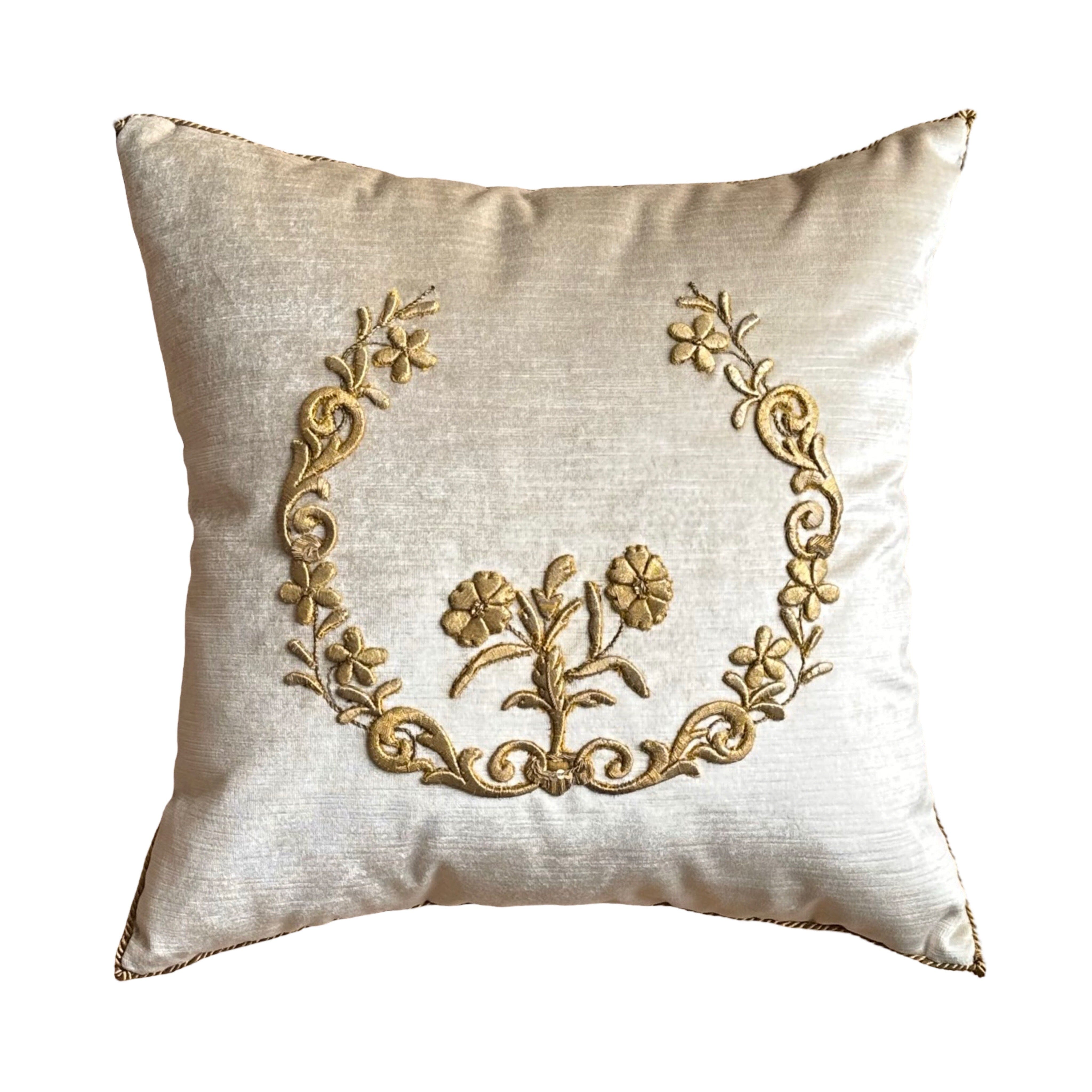 Antique European Metallic Gold Wreath Embroidery (E032425A&B| 18 x 18") New Pillows B. Viz Design 