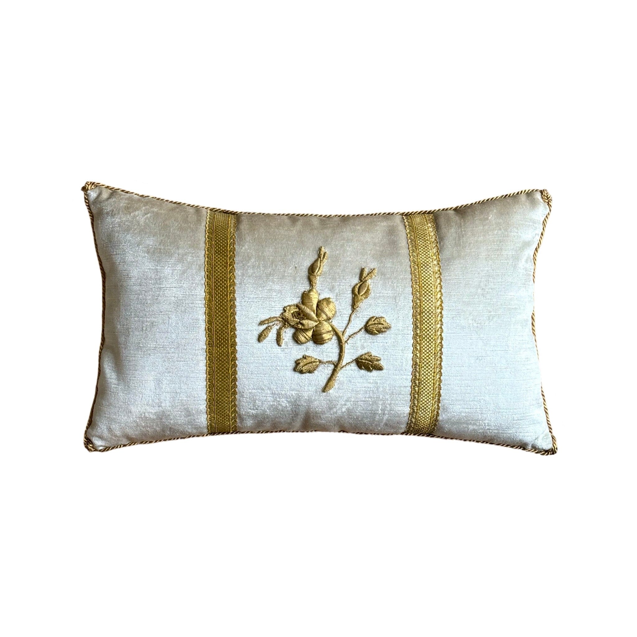 Antique European Raised Gold Metallic Embroidery on Oyster Velvet (#E092224A&B | 10 1/2 x 18") Pillow B. Viz Design 