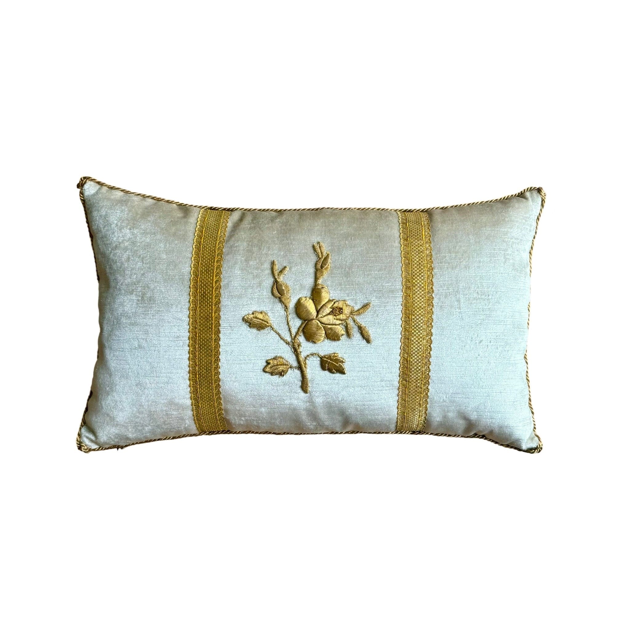 Antique European Raised Gold Metallic Embroidery on Oyster Velvet (#E092224A&B | 10 1/2 x 18") Pillow B. Viz Design 