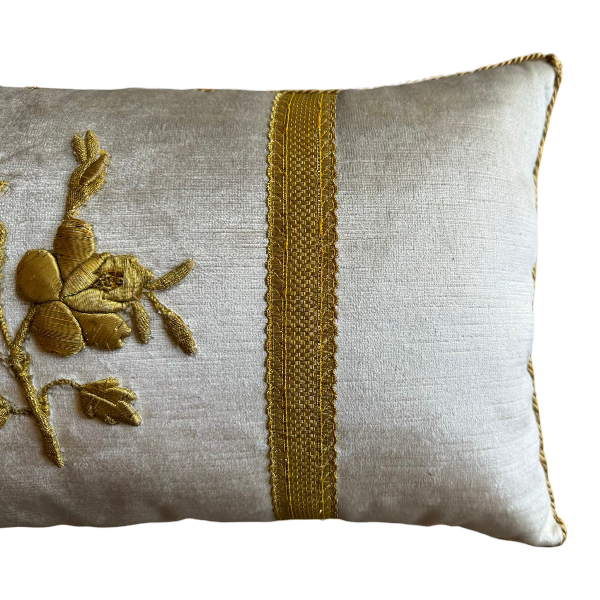 Antique European Raised Gold Metallic Embroidery on Oyster Velvet (#E092224A&B | 10 1/2 x 18") Pillow B. Viz Design 