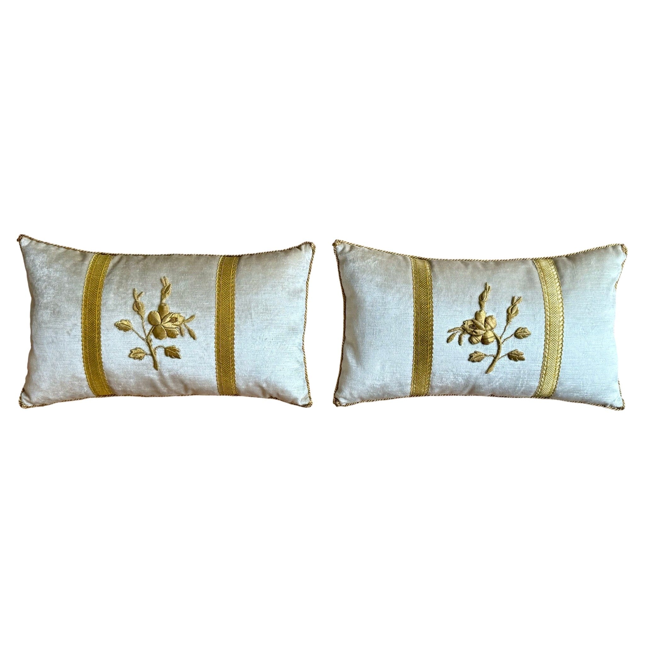 Antique European Raised Gold Metallic Embroidery on Oyster Velvet (#E092224A&B | 10 1/2 x 18") Pillow B. Viz Design 