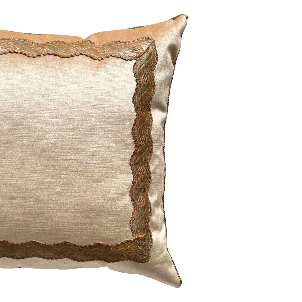 Antique Gold Metallic Serpintine Galon on Pale Apricot Velvet (#M030126A&B | 22 x 22") Pillow B. Viz Design 