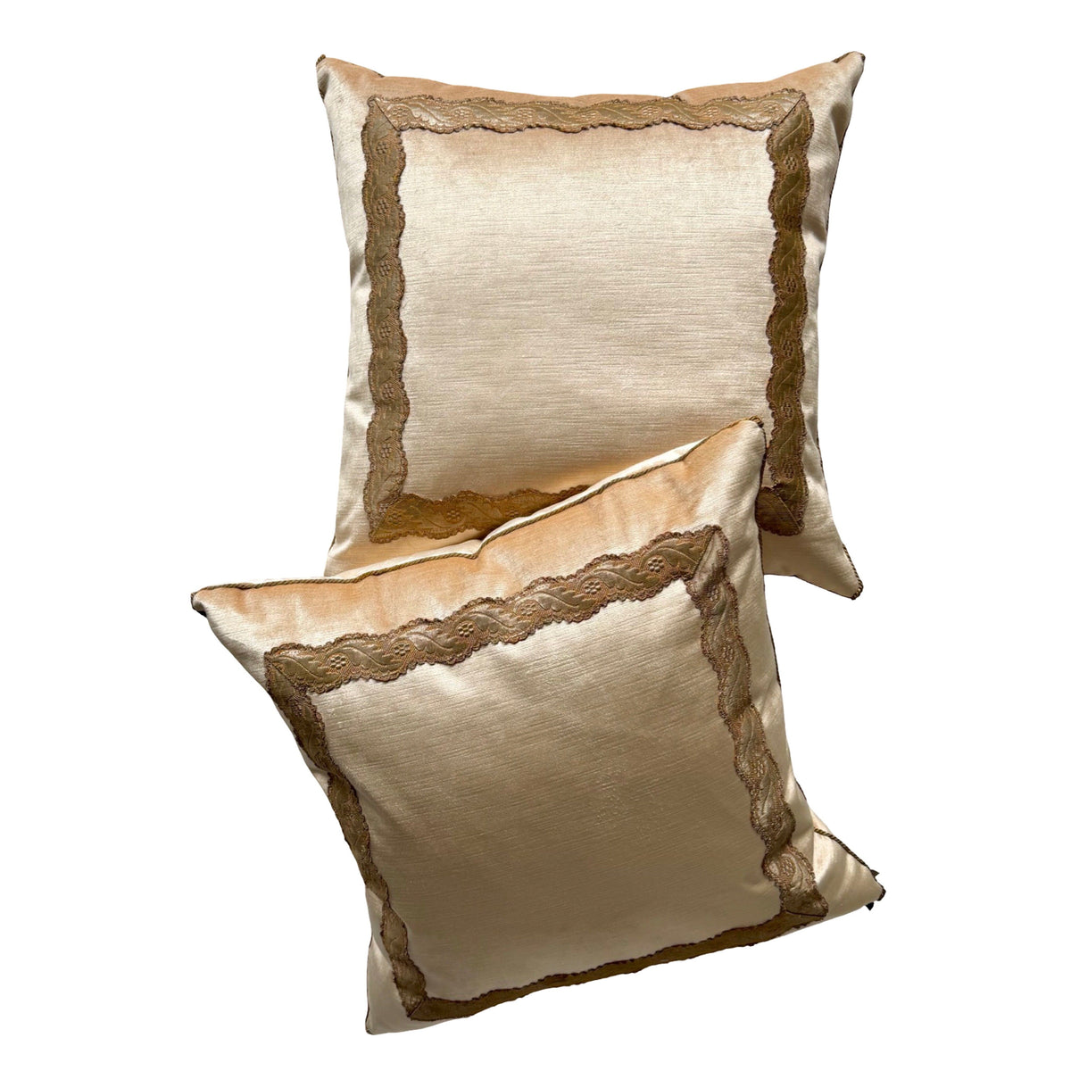 Antique Gold Metallic Serpintine Galon on Pale Apricot Velvet (#M030126A&B | 22 x 22") Pillow B. Viz Design 