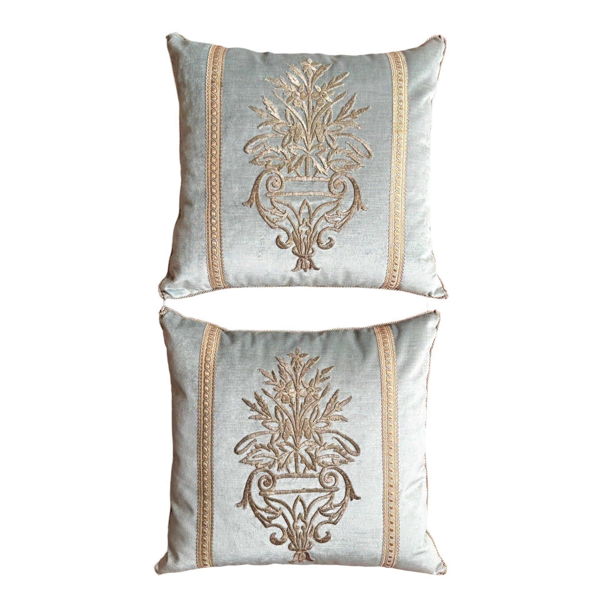 Antique Ottoman Empire Raised Silver Metallic Embroidery (#E090224A&B | 17.5 x 19") New Pillows B. Viz Design 