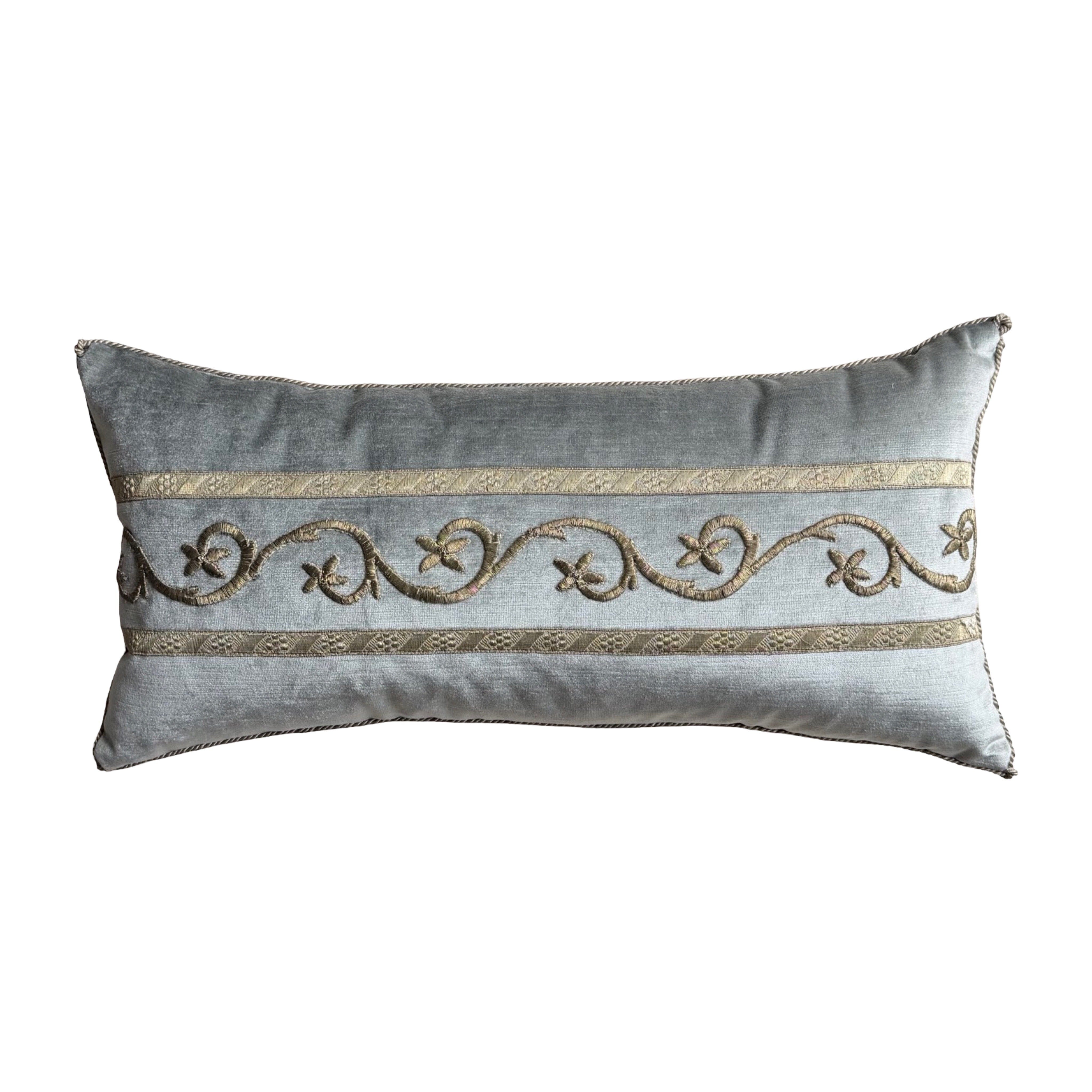 Antique Ottoman Empire Raised Warm Silver Embroidery (#E051025 | 12 x24.5") New Pillows B. Viz Design 