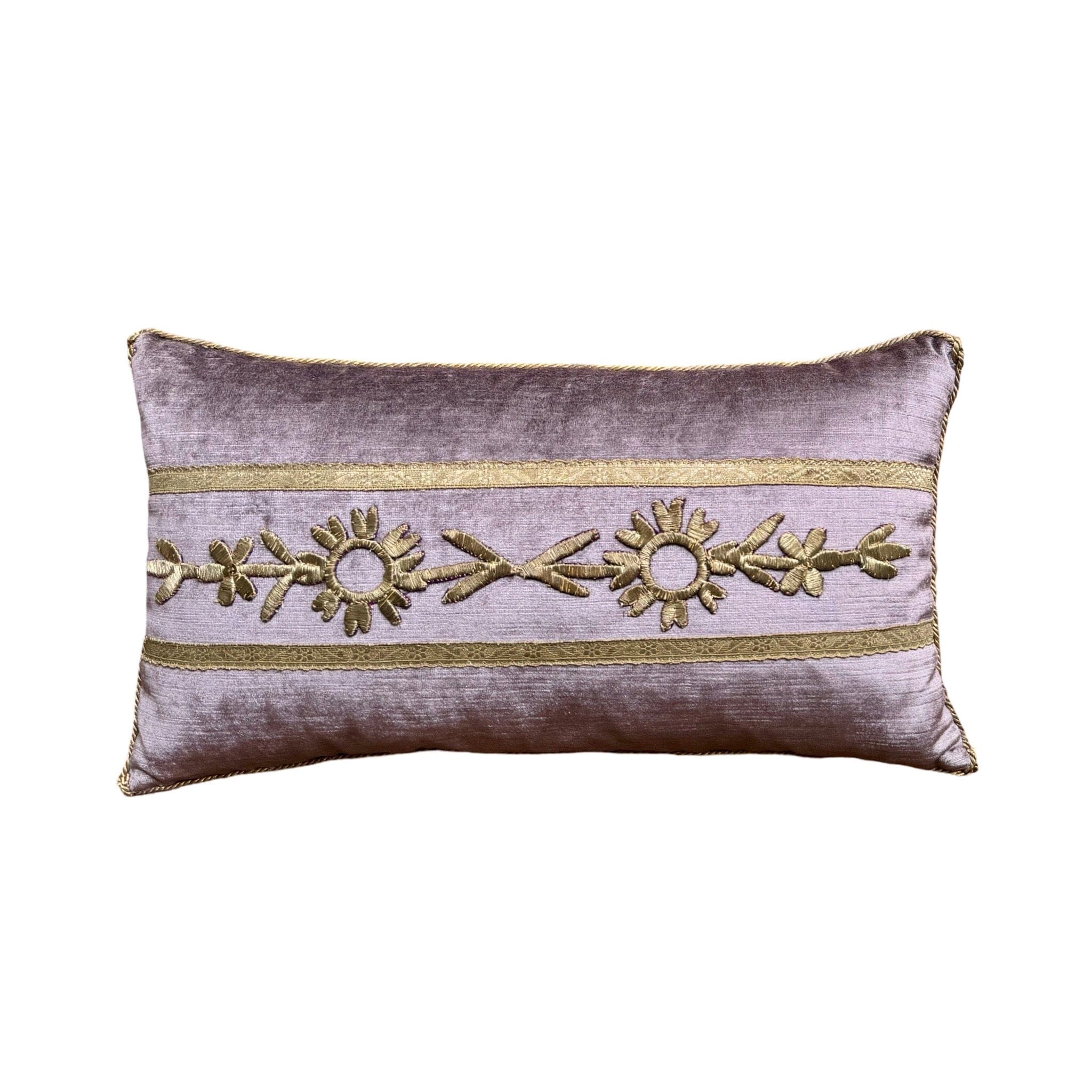 Antique Ottoman Empire Raised Warm Silver Metallic Embroidery on Lavender Velvet (#E081924 | 11 1/2 x 20 1/2") Pillow B. Viz Design 