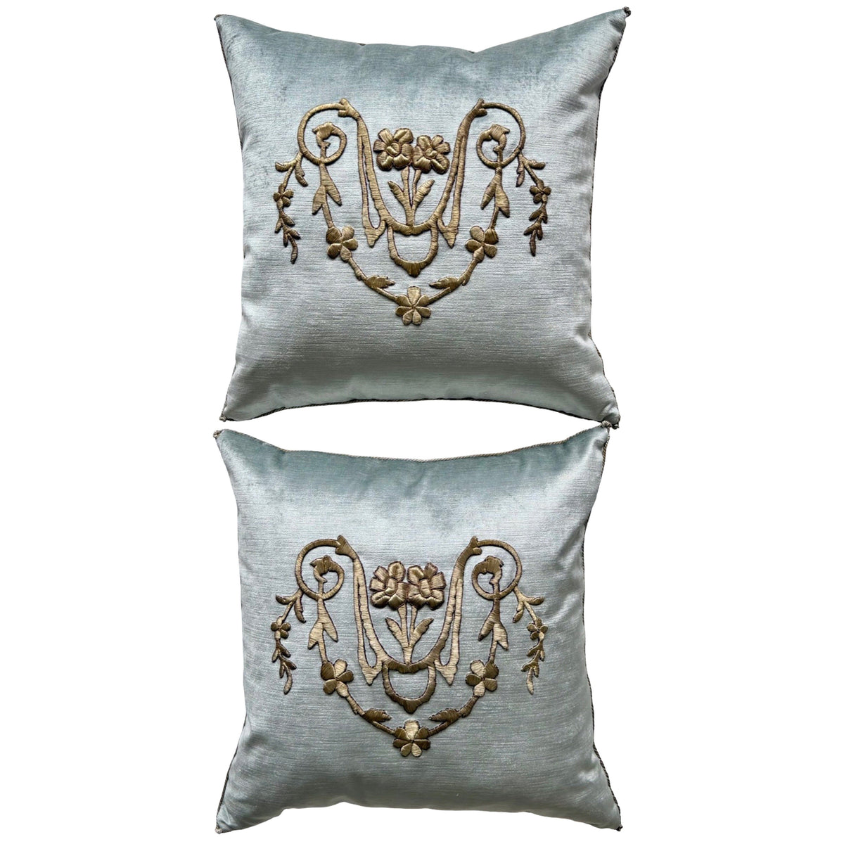 Antique Ottoman Empire Raised Warm Silvery Gold Embroidery (#E050426A&B | 20.5 x 20.5") New Pillows B. Viz Design 
