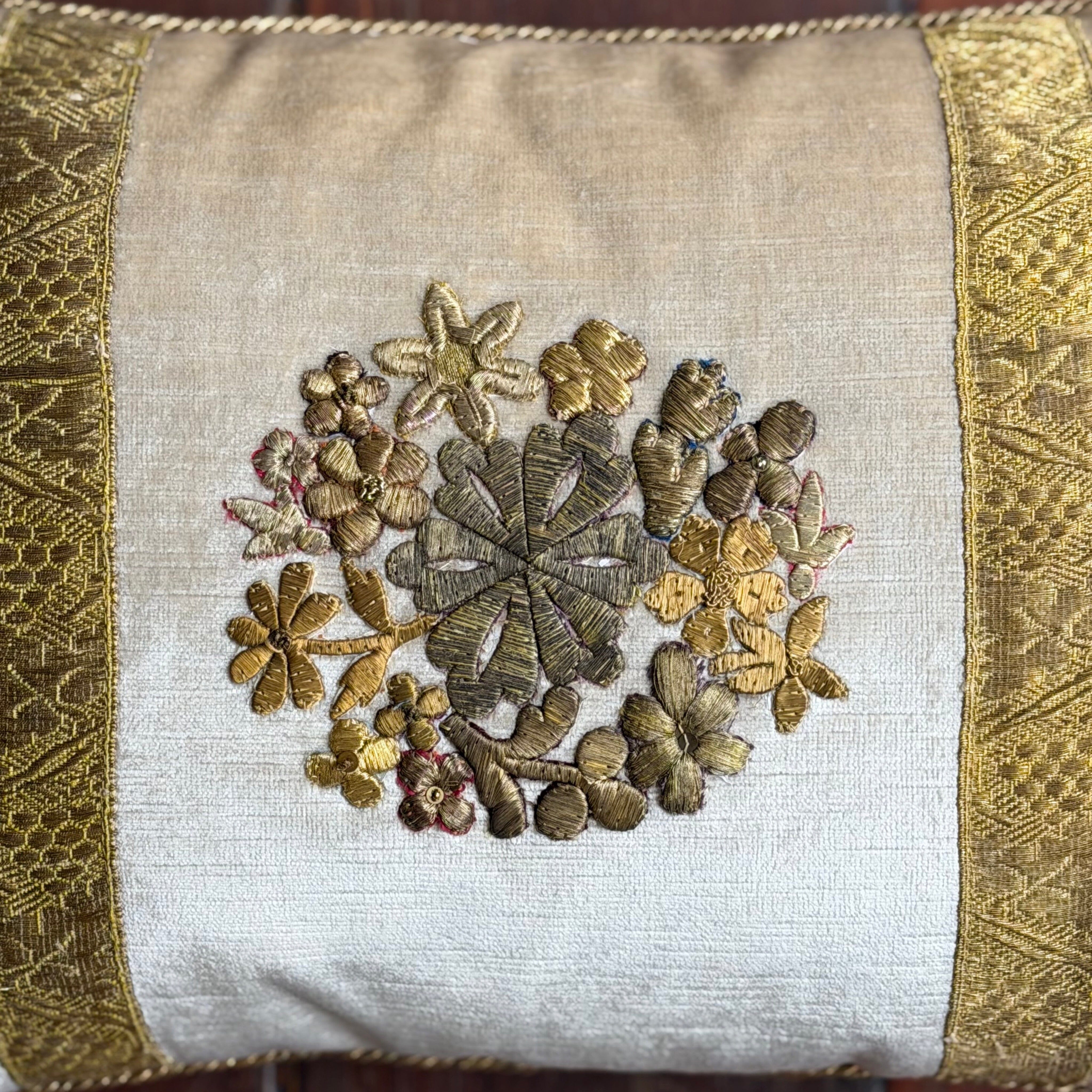 Antique Raised Gold Metallic Embroidery (#E073025A&B | 12 x 18") New Pillows B. Viz Design 