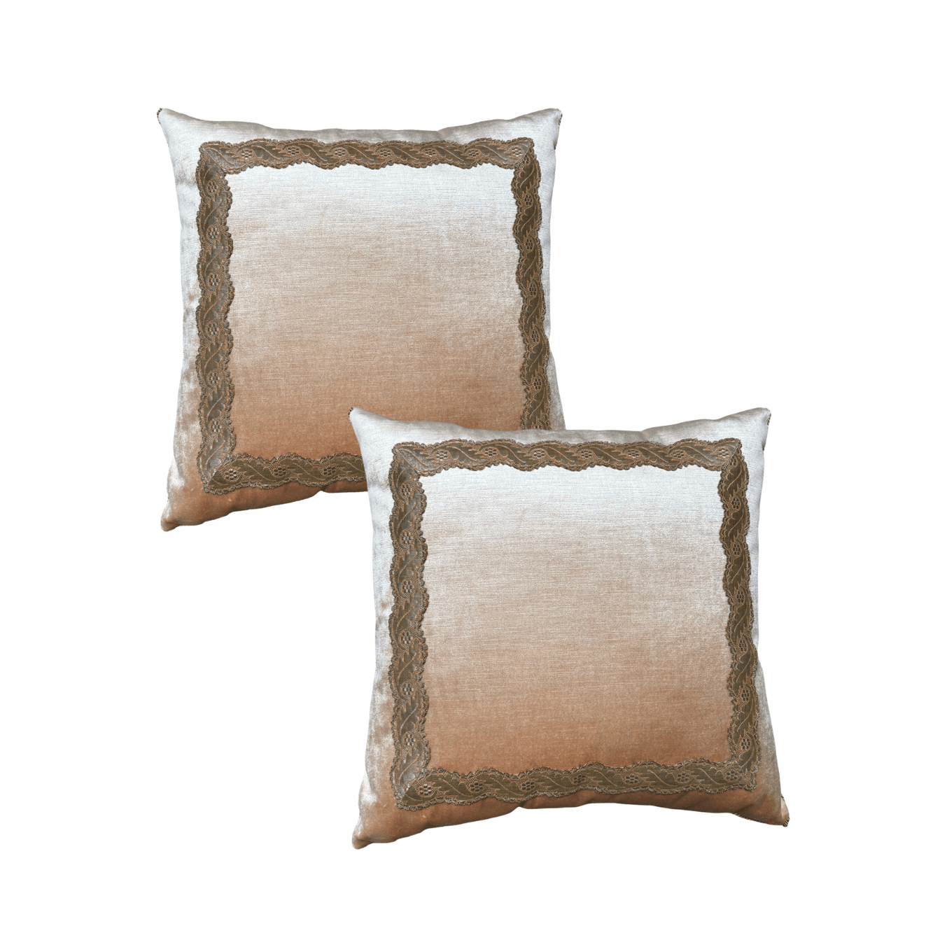 Antique Silver Metallic Serpintine Galon on Pale Apricot Velvet (#M030126A&B | 22 x 22") Pillow B. Viz Design 