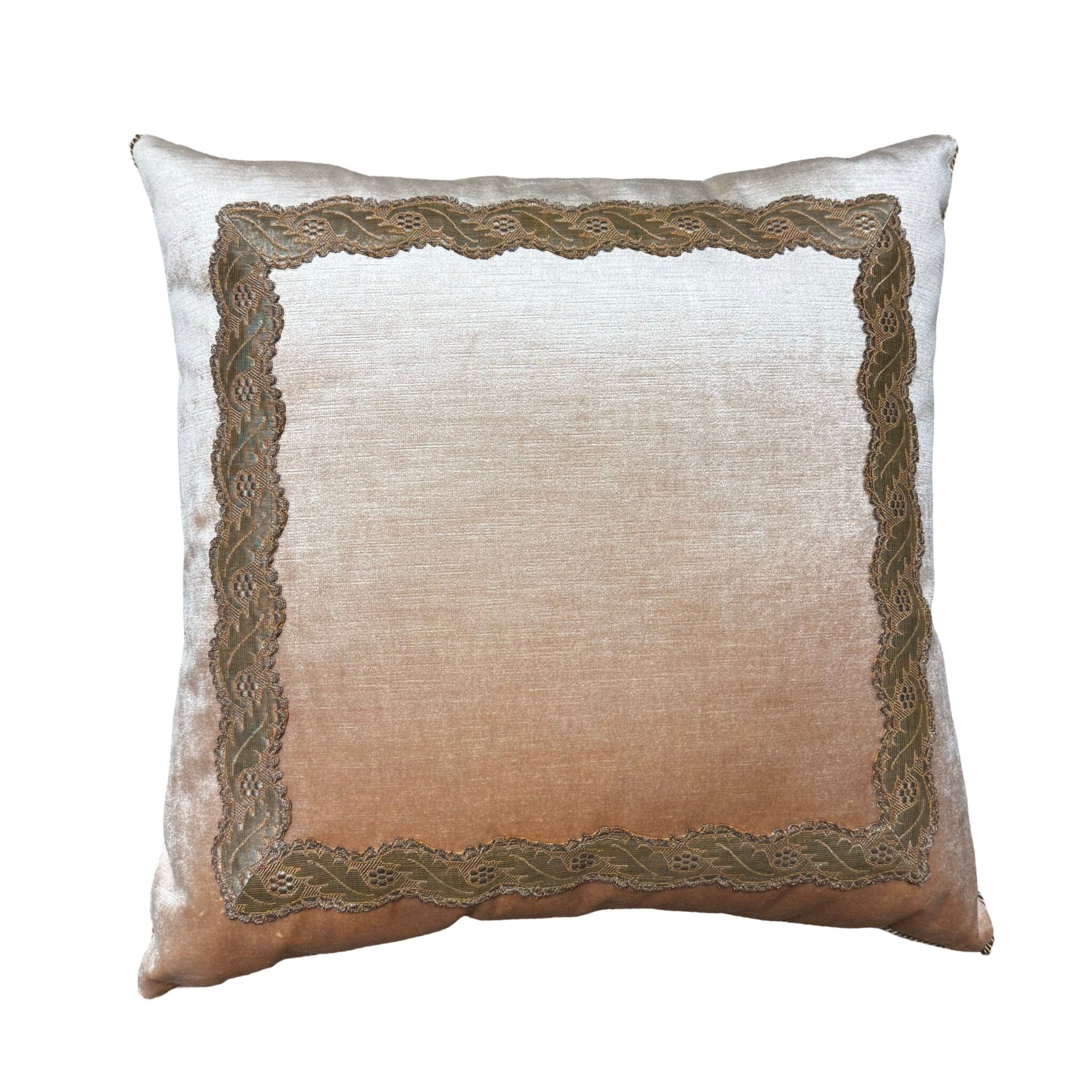 Antique Silver Metallic Serpintine Galon on Pale Apricot Velvet (#M030126A&B | 22 x 22") Pillow B. Viz Design 
